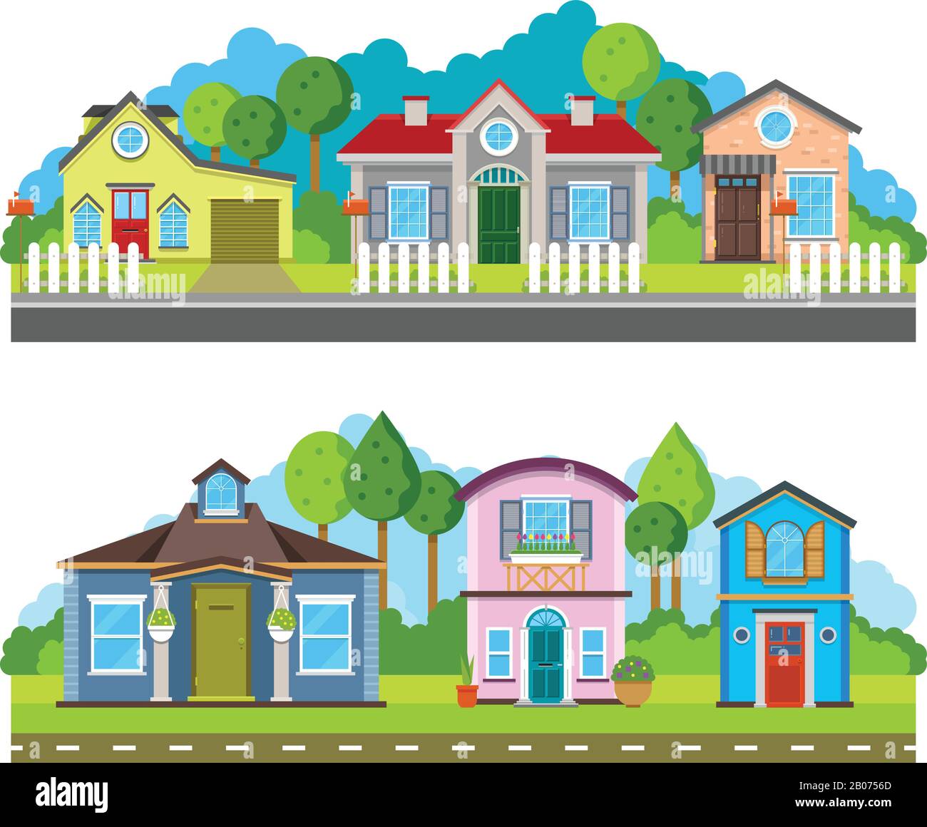 Residential village houses flat vector illustration, urban landscape. Street with building facade and green trees Stock Vector