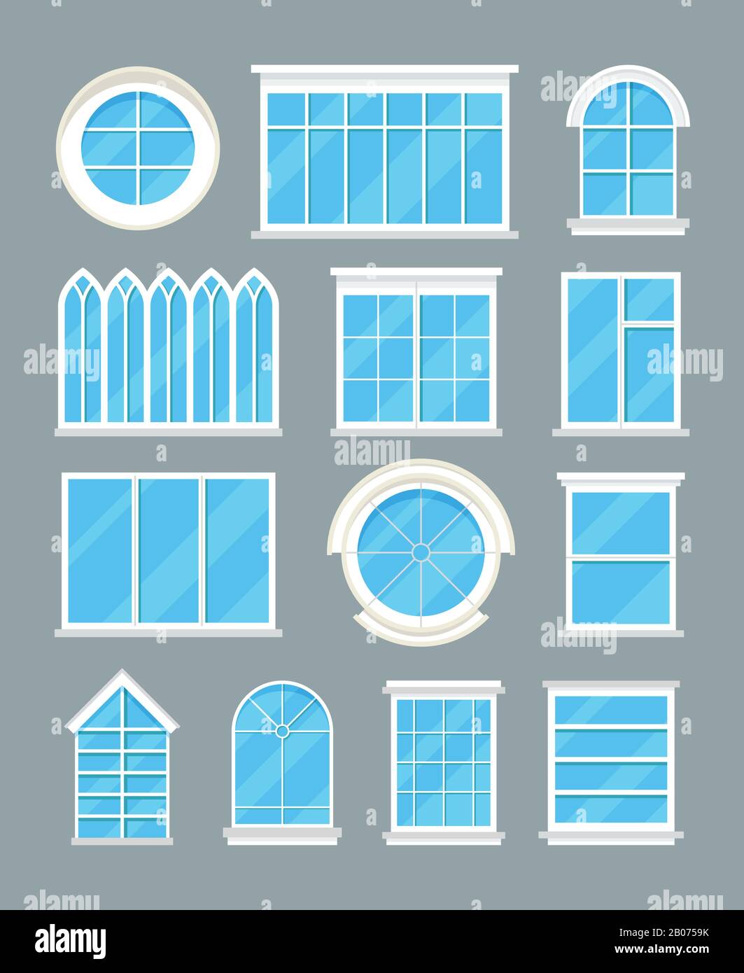 Glass home windows types vector flat icons. Set of window for interior design illustration Stock Vector