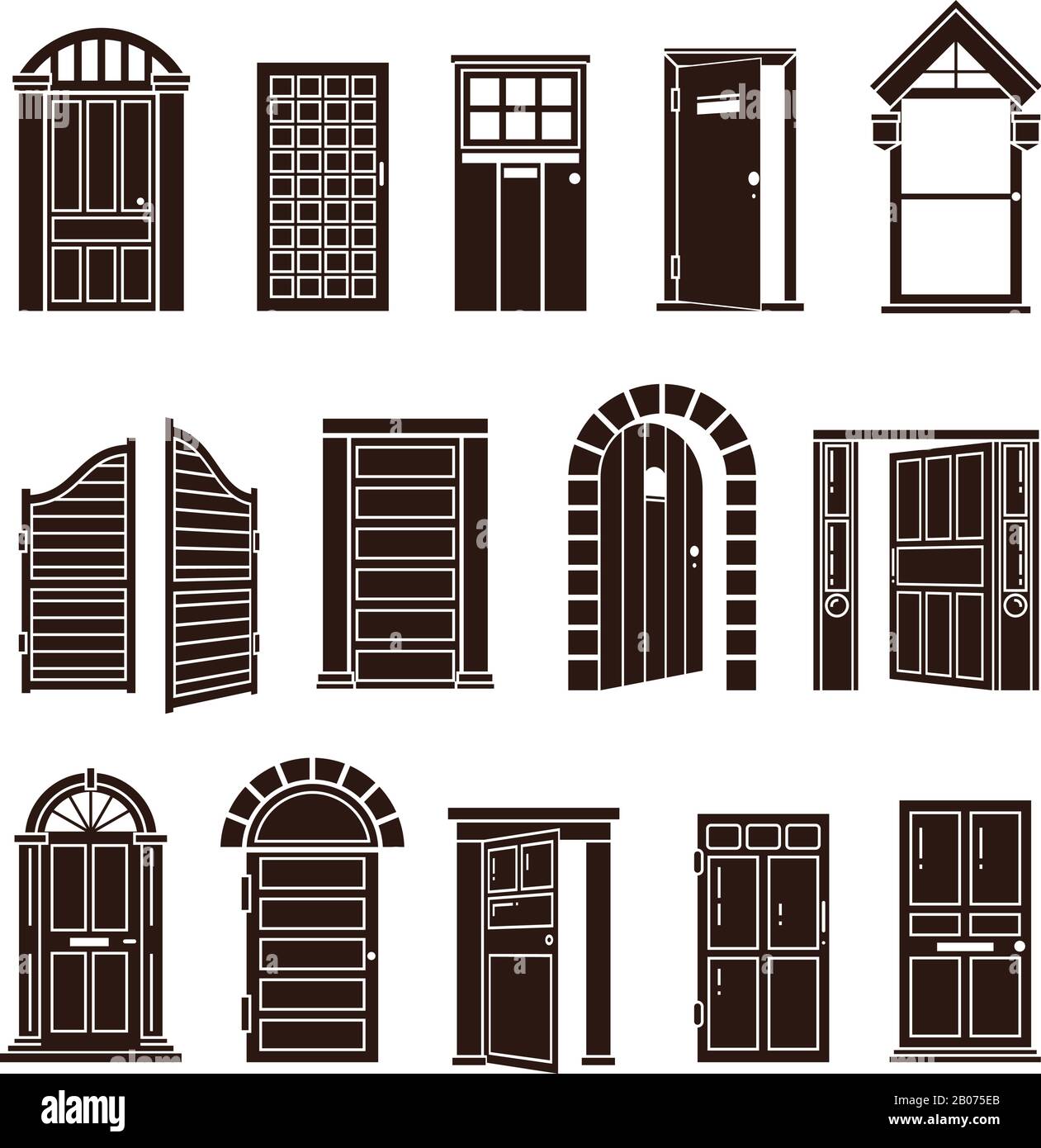 Open and closed door black vector icons set. Entrance to home or doorway to office illustration Stock Vector