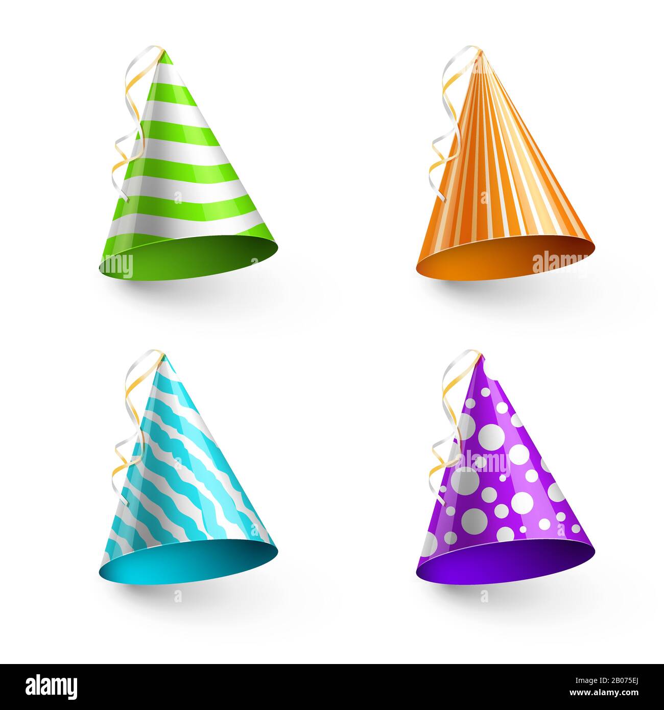 Vector child party hats isolated on transparent checkered background. Hat in form cone for birthday event illustration Stock Vector