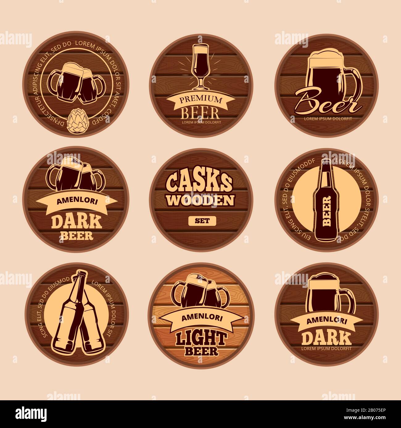 Wooden oak barrel signboards. Retro vector circle alcohol labels for