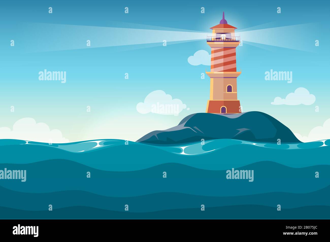 Lighthouse on rock stones island cartoon vector background. Beacon in ocean for navigation illustration Stock Vector