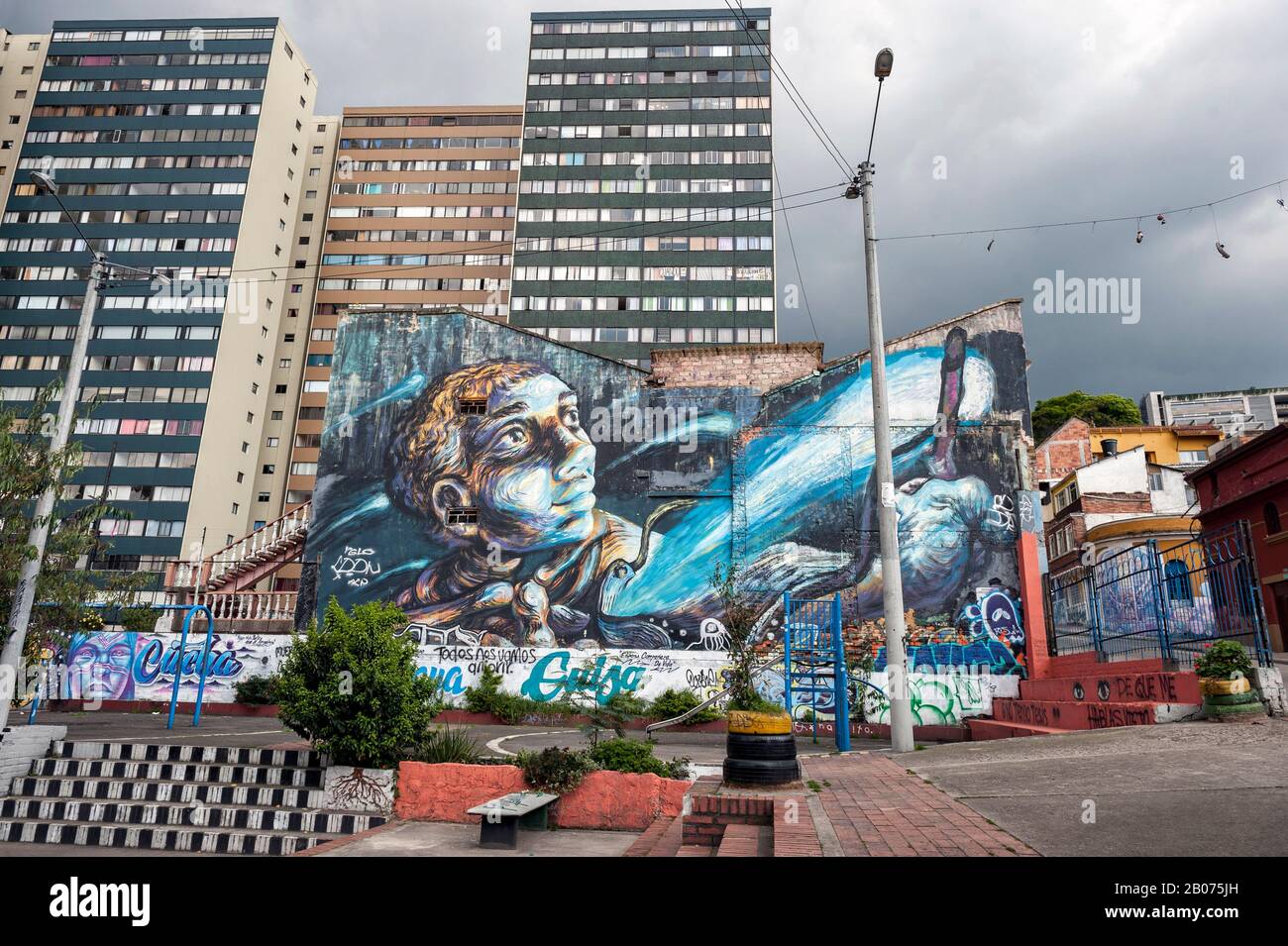 BOGOTA, COLOMBIA - February 11, 2020: Wall covered with graffiti at La Candelaria in Bogota, Colombia. Stock Photo