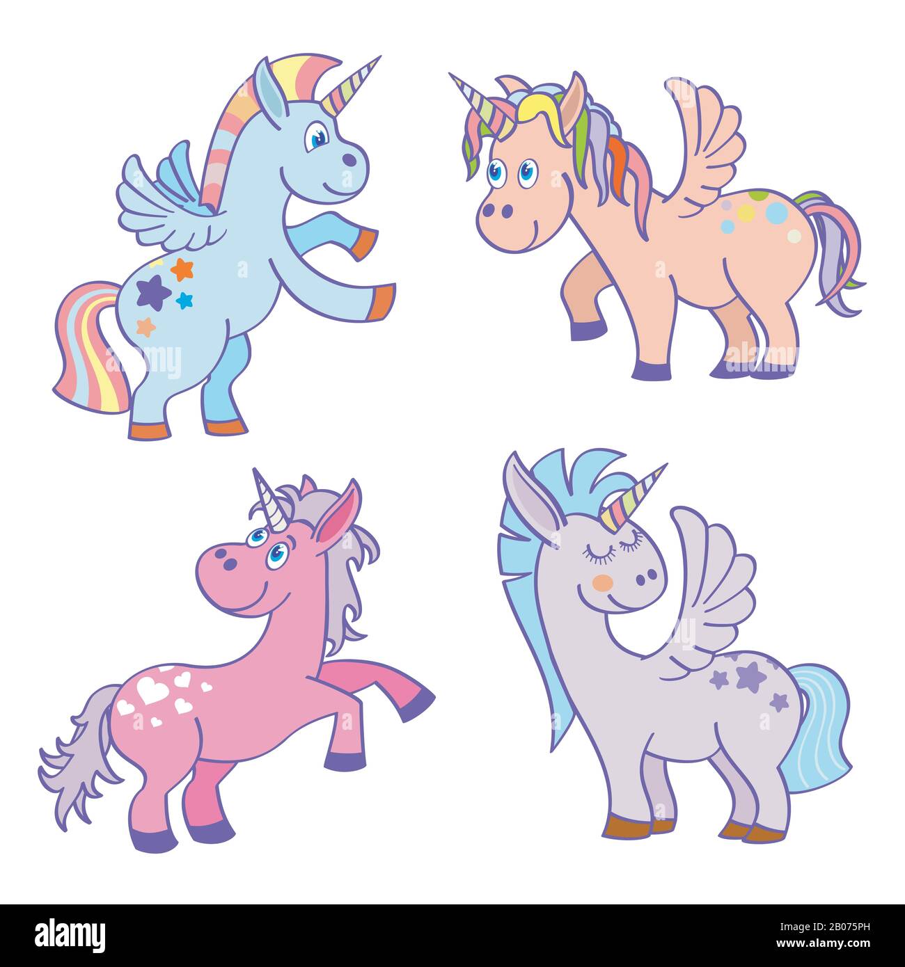 Cute cartoon miracle unicorns vector set. Happy horse with horn illustration Stock Vector Image