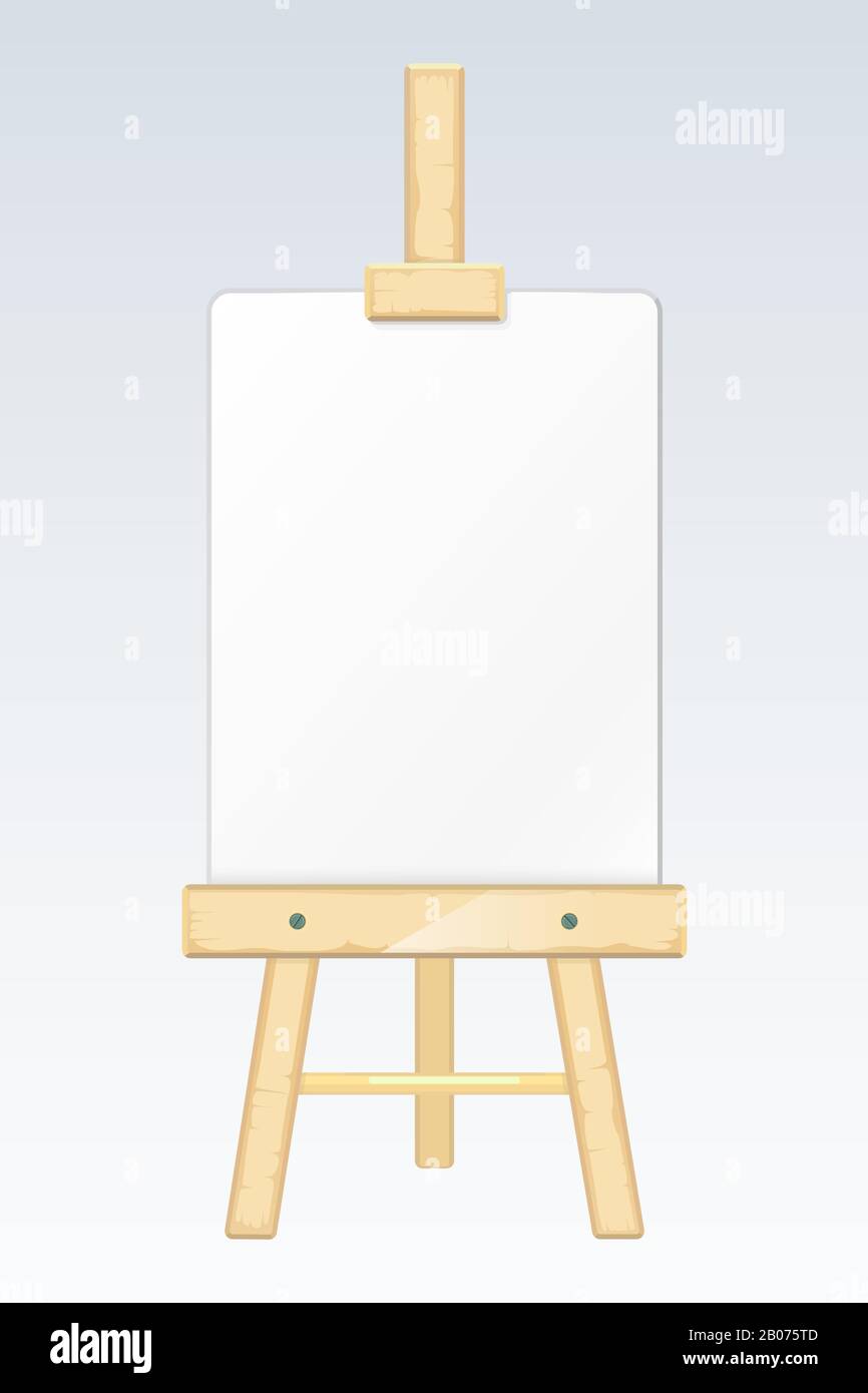Easel, painting desk, drawing board with blank white canvas vector  illustration. Empty wood frame with paper of sheet Stock Vector Image & Art  - Alamy