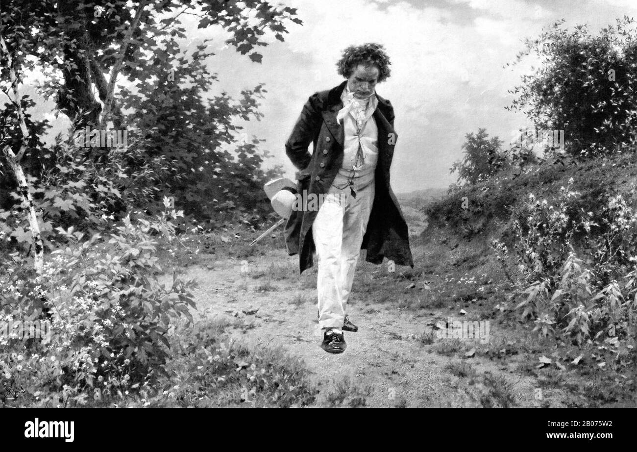 Vintage print depicting German composer and pianist Ludwig van Beethoven (1770 – 1827) taking a walk in nature. Print circa 1910 by Berlin Photographic Company based on a painting by Julius Schmid. Stock Photo