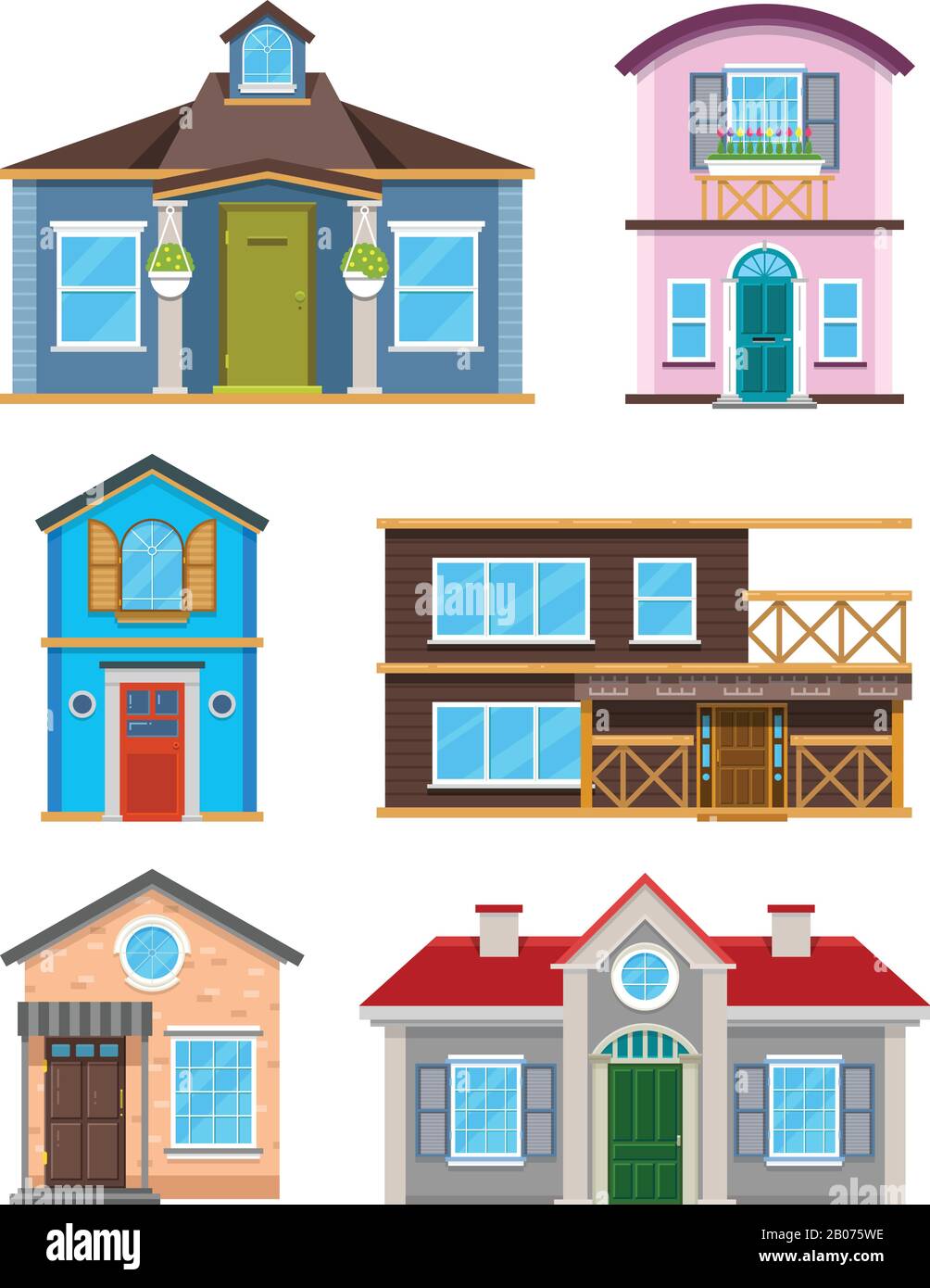 Modern residential building houses cartoon vector collection. Architecture home cottage and exterior residence color illustration Stock Vector