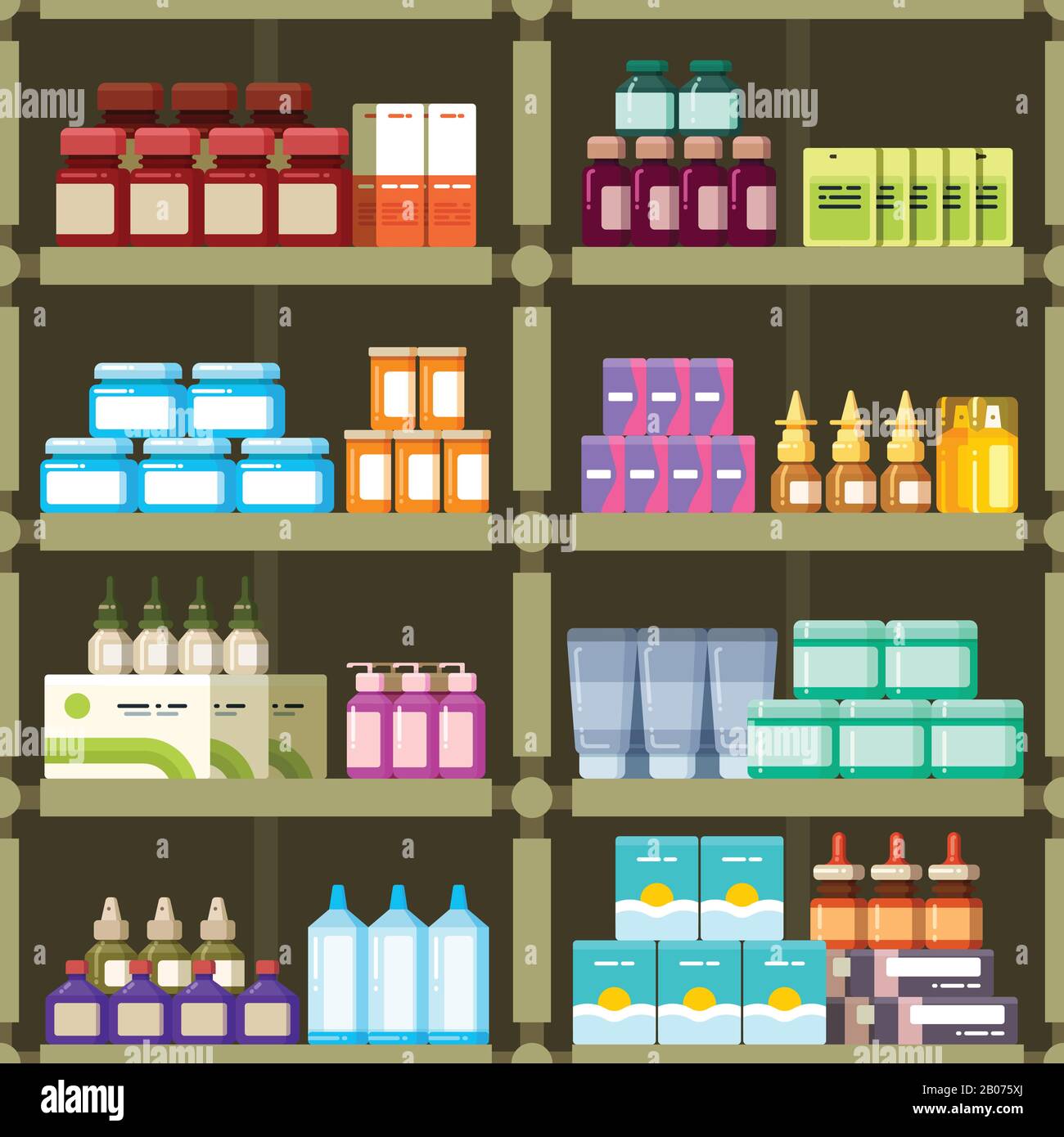 Pharmacy shelves with pills and drugs medicine boxes vector seamless pattern. Background apothecary, capsule in pack for health illustration Stock Vector