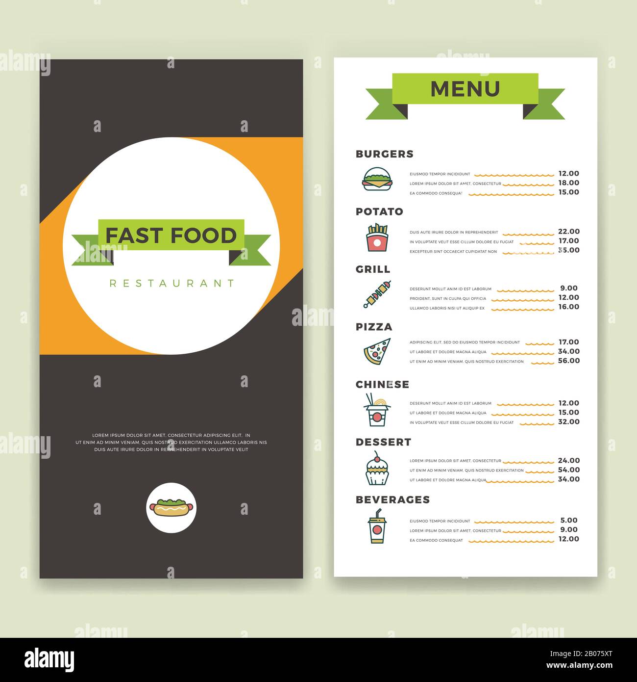 Fast food restaurant and cafe menu vector template with flat line icons. Hamburger and cake, snack and lunch illustration Stock Vector