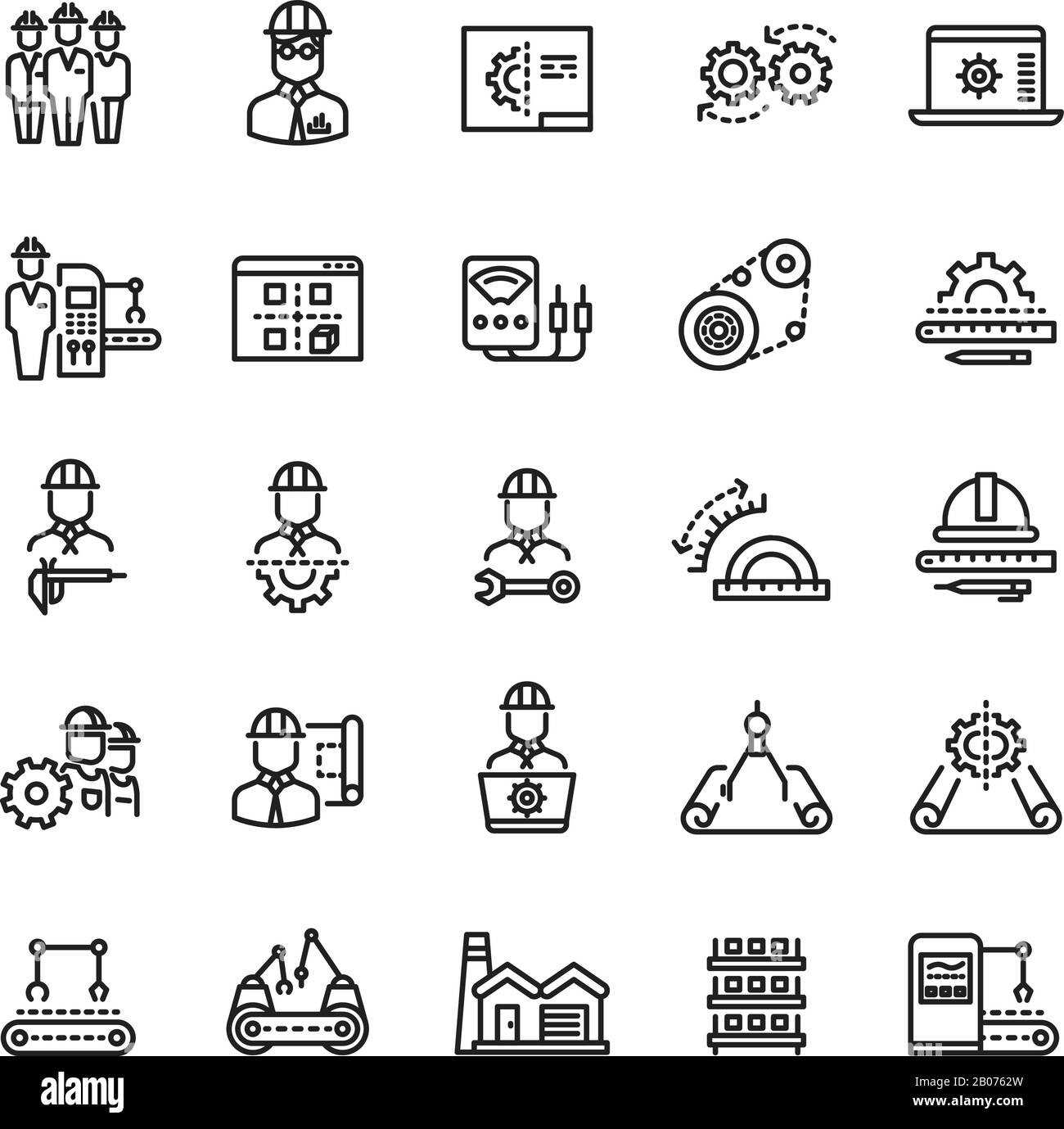 Vector industry engineering mechanical thin line icons. Conveyor machine and process production illustration Stock Vector