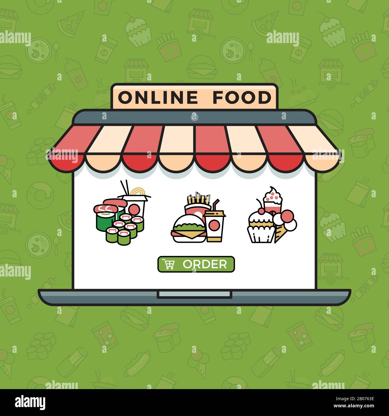 Online food ordering grocery shopping vector concept in trendy linear style. Ice cream and sushi, burger and cake illustration Stock Vector