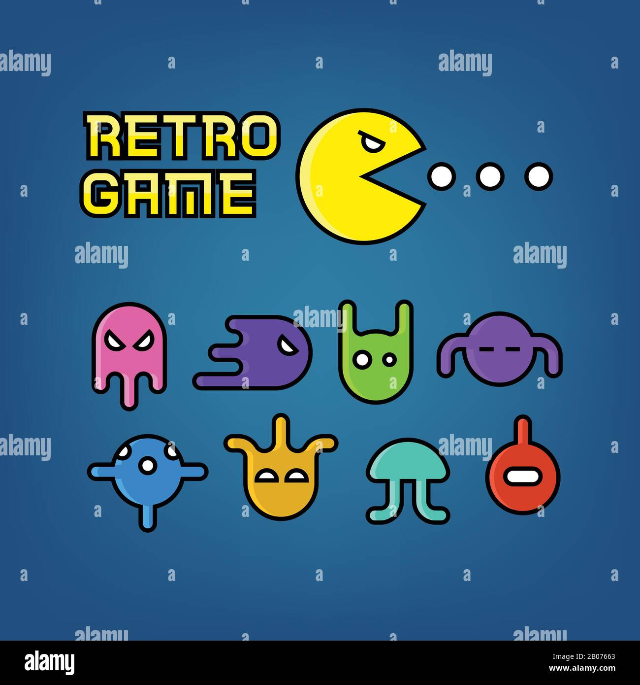 Pac man and ghosts for arcade computer game vector. Set of character retro monster illustration Stock Vector