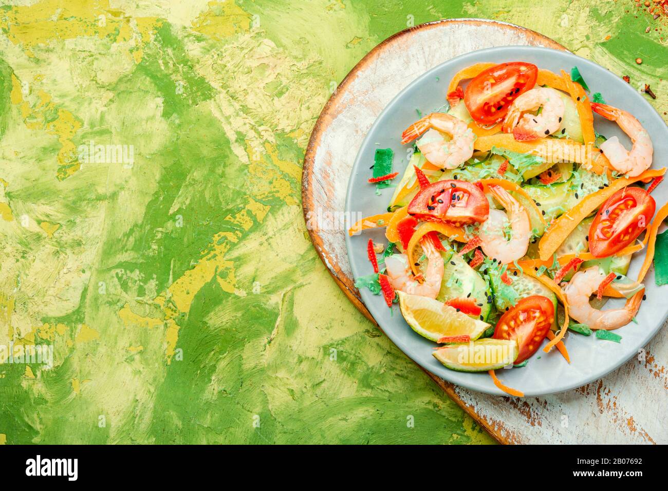 Salad with tomato, cucumber and shrimp.Seafood vegetable salad Stock