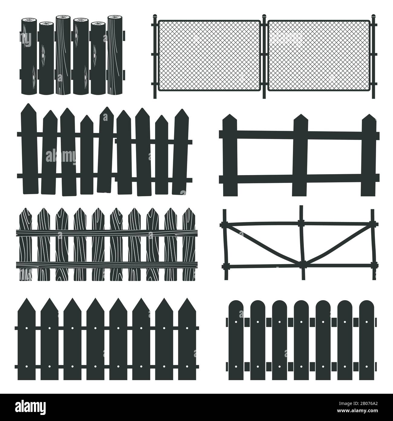 Rural wooden fences, pickets vector silhouettes. Illustration of paling straight for protection and security Stock Vector