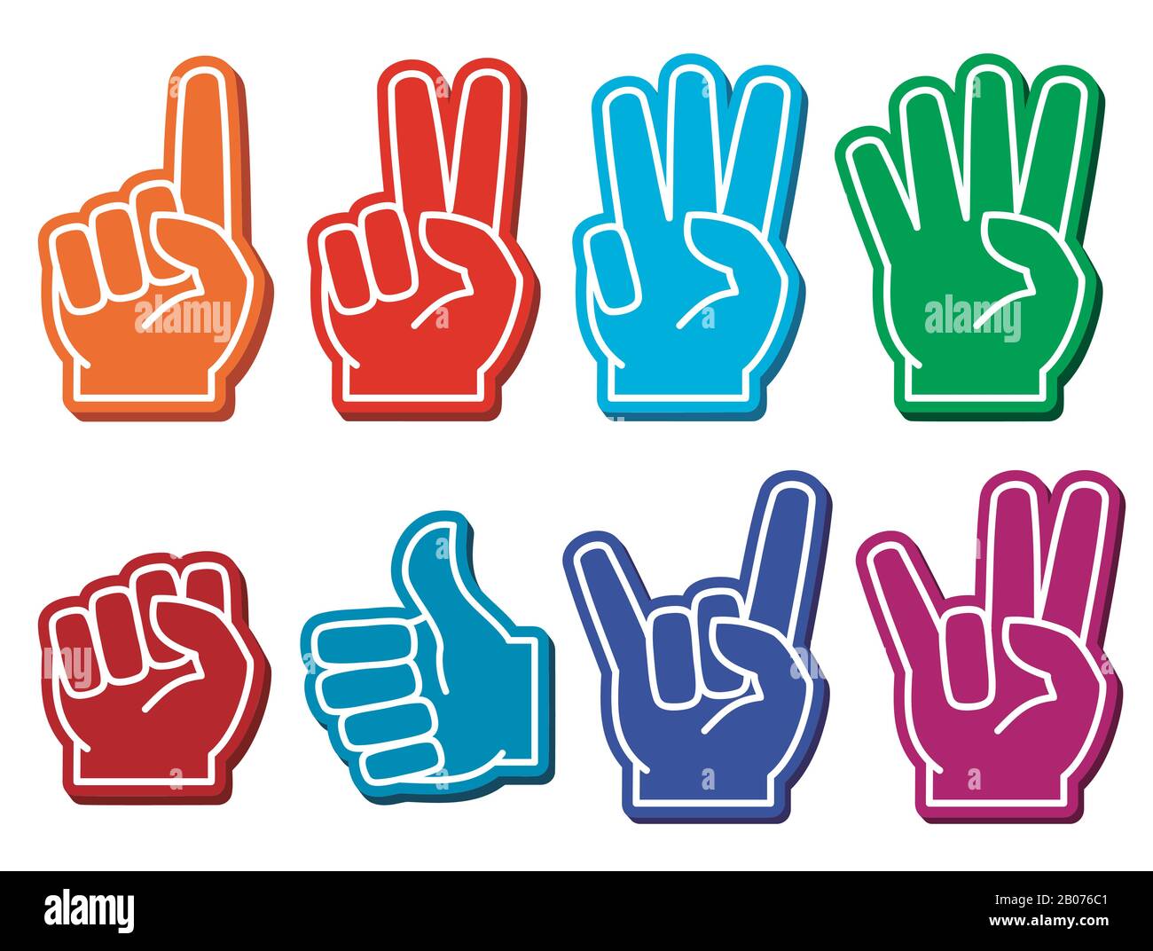 Foam fingers vector set. Gesture victory and souvenir accessory illustration Stock Vector