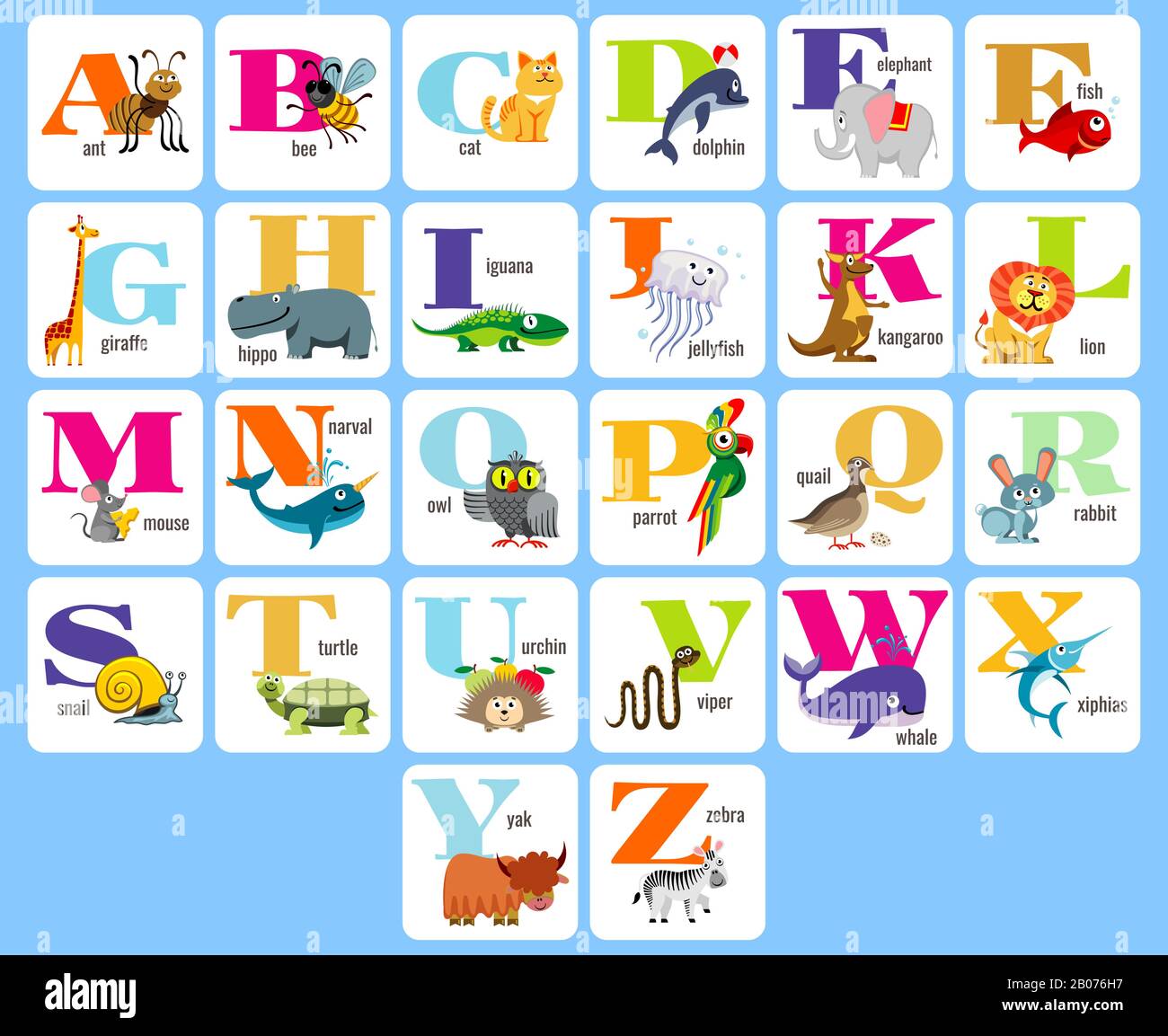 Kids full alphabeth with cartoon animals for education and learning. Vector illustration Stock Vector