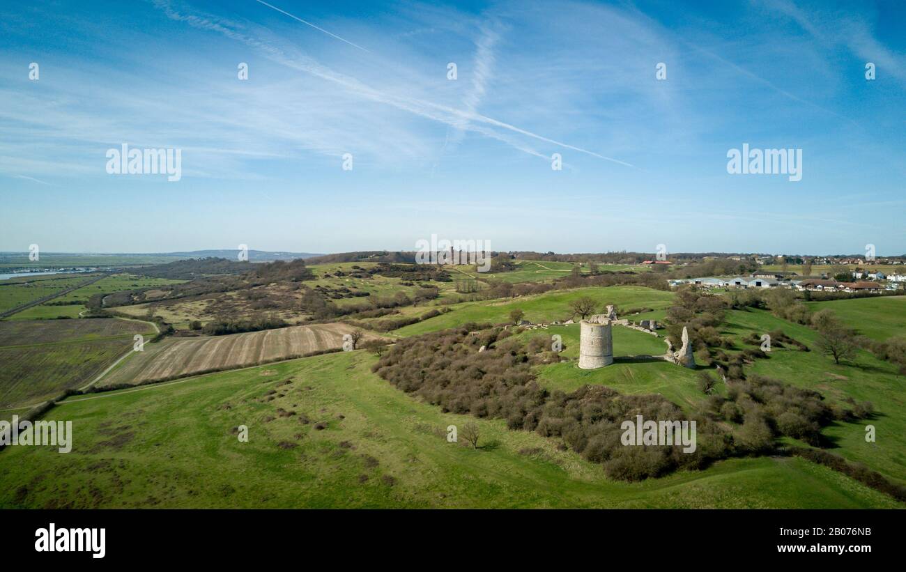Hadleigh Castle, Essex, England. Aerial drone view over the Essex countryside with the 13th Century ruins of Hadleigh Castle in view. Stock Photo