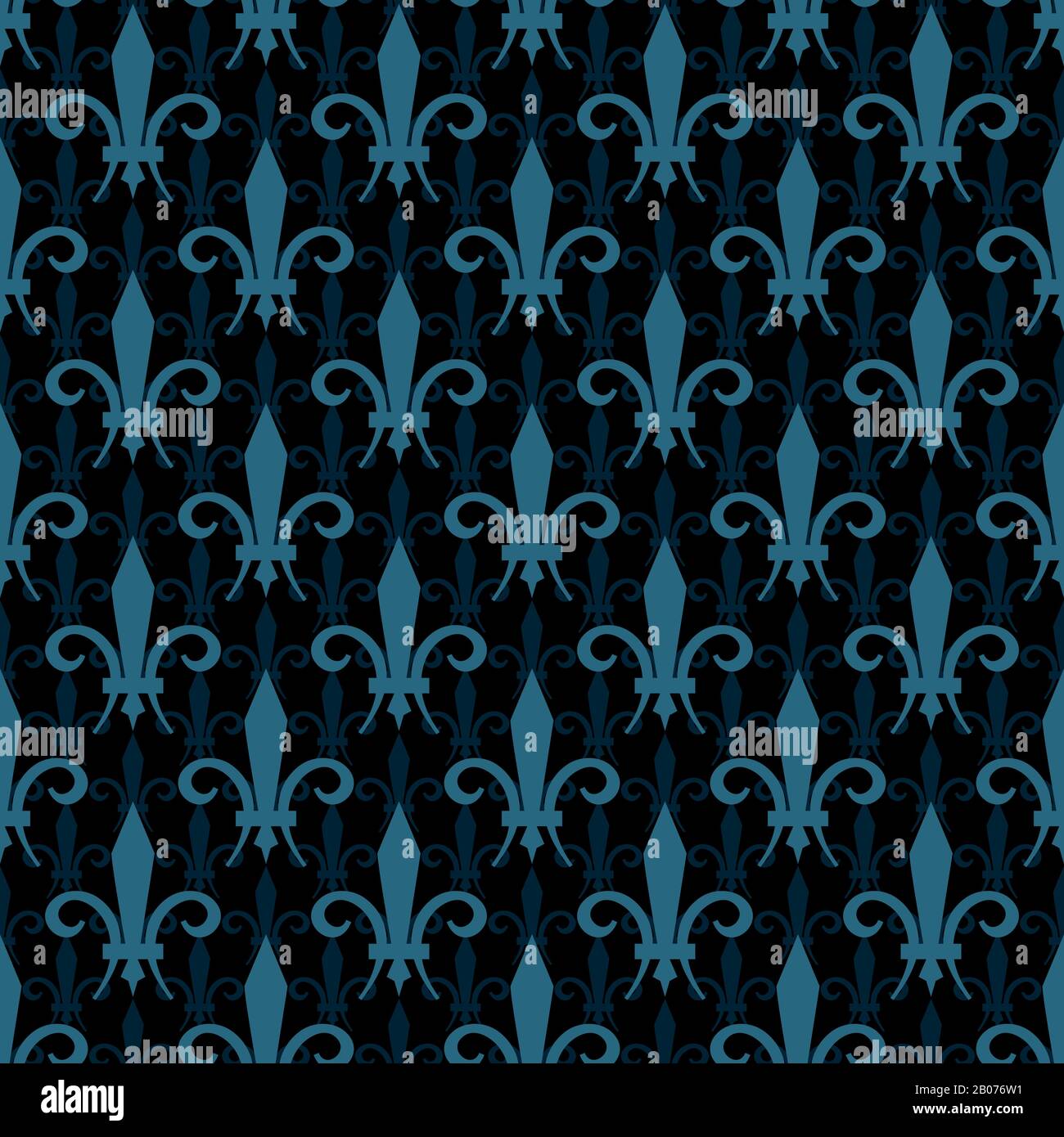 Dark black and blue fleur de lis vector seamless pattern. Elegance style wrapping illustration Stock Vector