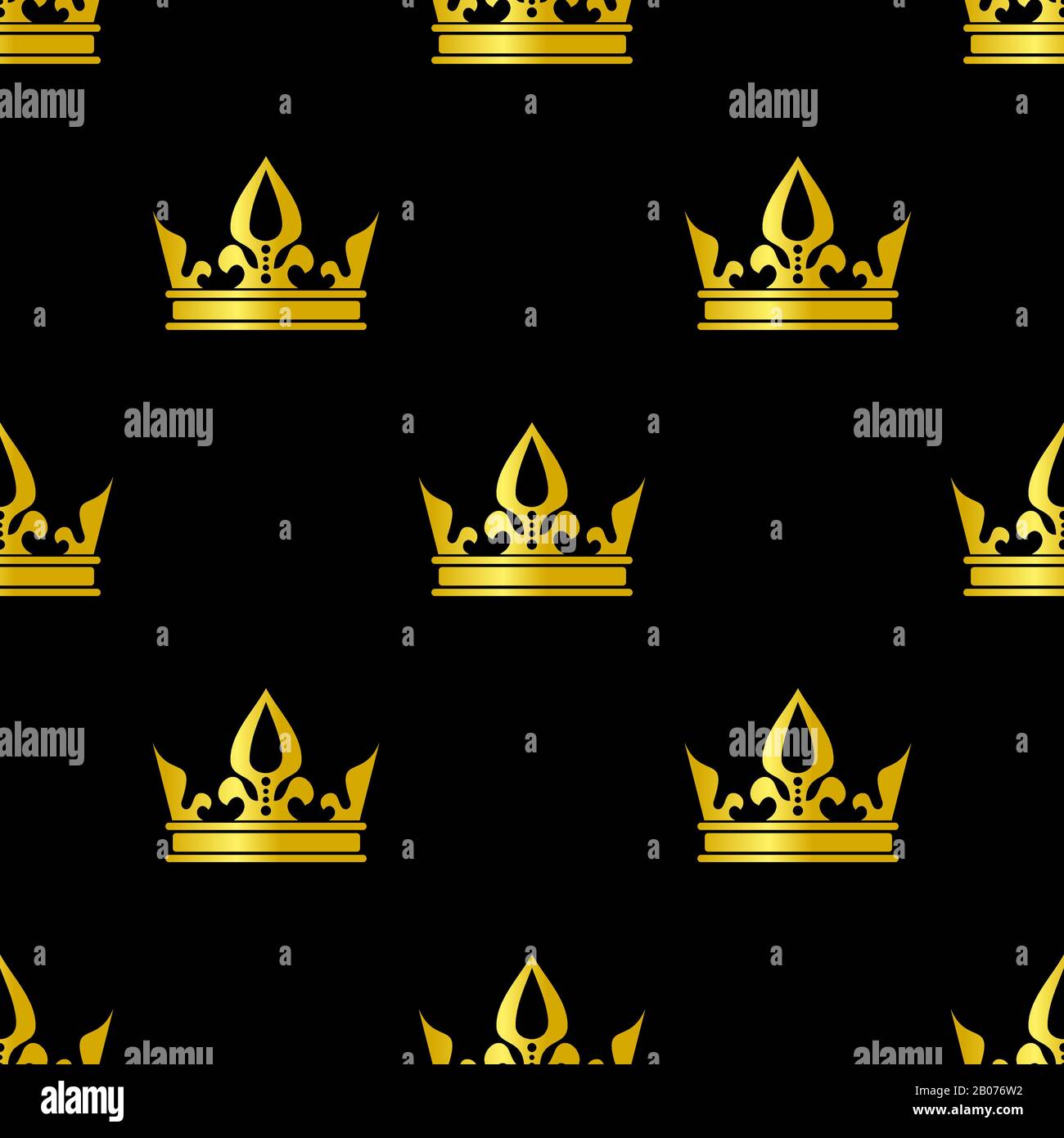 Golden crowns isolated on black background vector seamless pattern illustration Stock Vector