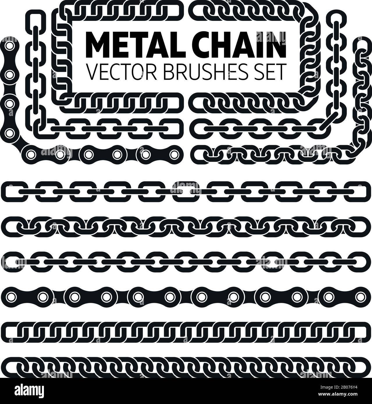 Metal chain links vector pattern brushes set. Interlink border frame illustration Stock Vector