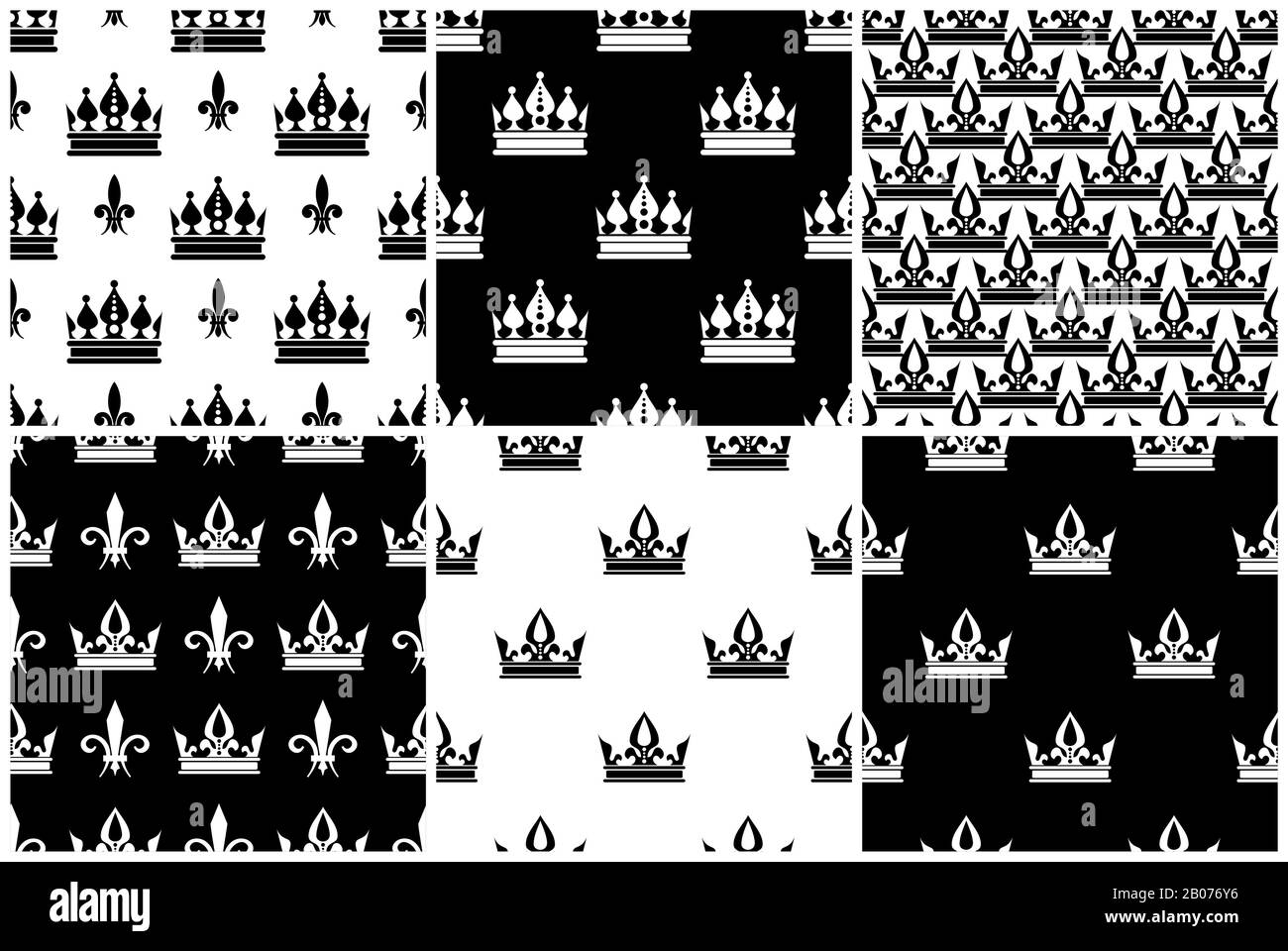 Vector crowns seamless patterns set in black and white. Collection of monochrome background illustration Stock Vector