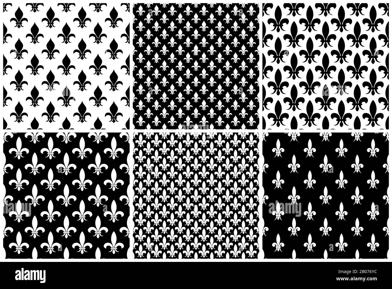 Vector fleur de lis seamless patterns set in black and white color. Illustration of background collection Stock Vector