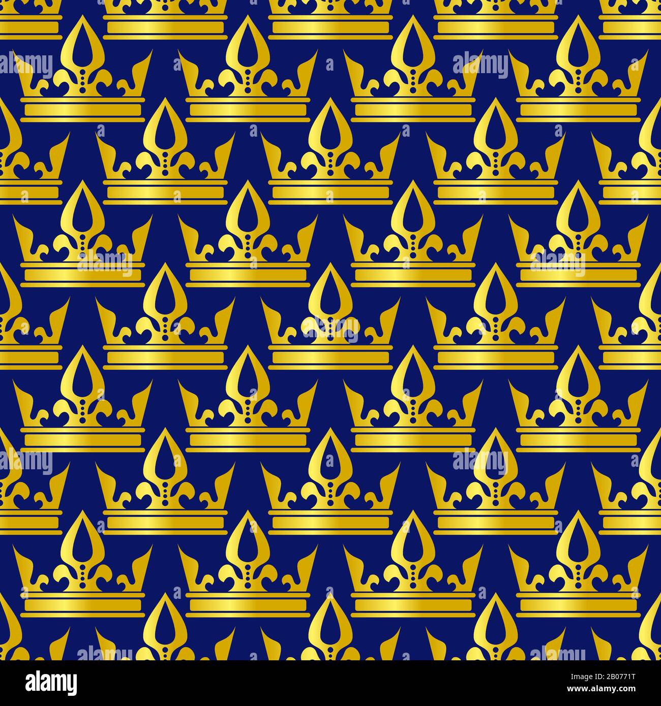 Golden crowns blue vector seamless pattern. Vintage ornate background