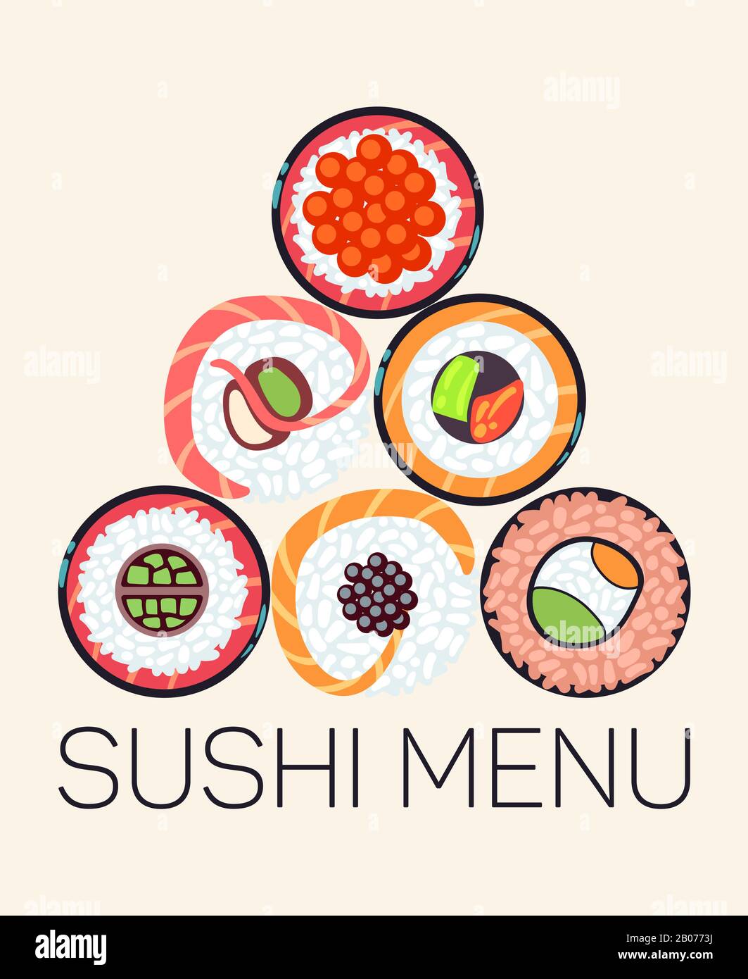 Japanese restaurant sushi menu logo template. Asian menu with roll, vector illustration Stock Vector