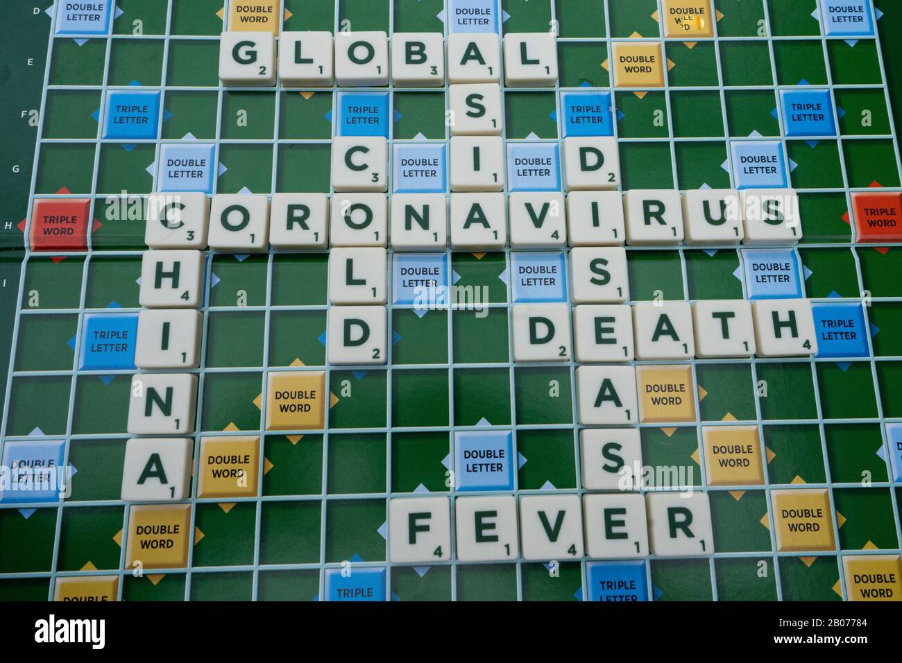 The coronavirus the cold, flu like disease originating in China, set out on a word board with different key phrases used to explain the severity Stock Photo