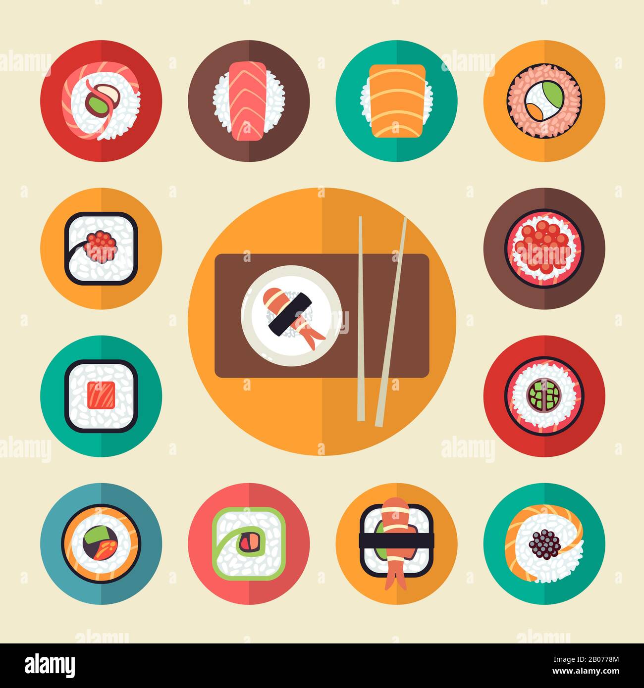 Japanese food sushi icons vector illustration set. Healthy seafood menu ...