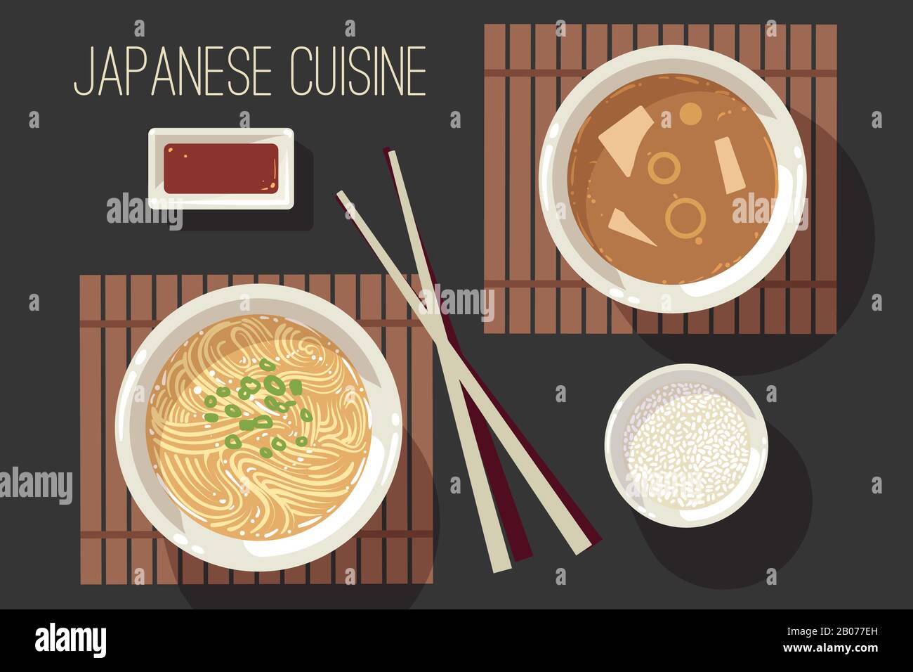 Japanese cuisine vector illustration set. Plate of food in restaurant Stock Vector
