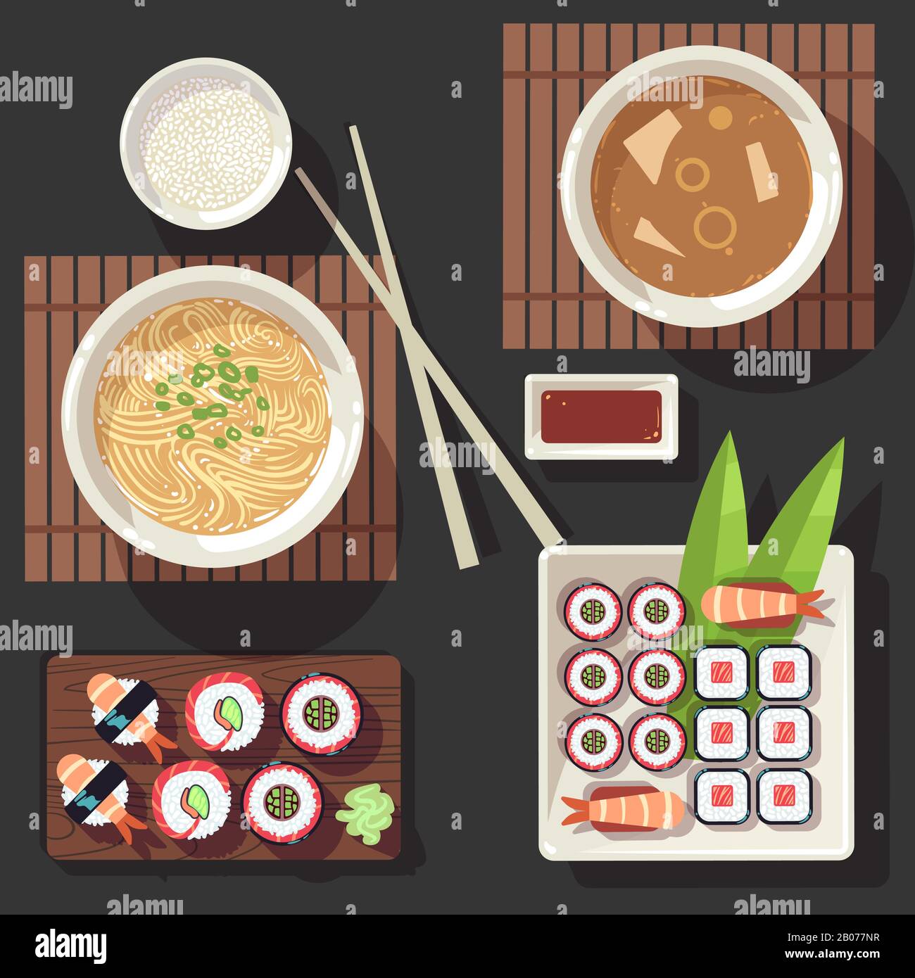 Japanese cuisine vector illustration set. Traditional food in japan restaurant Stock Vector