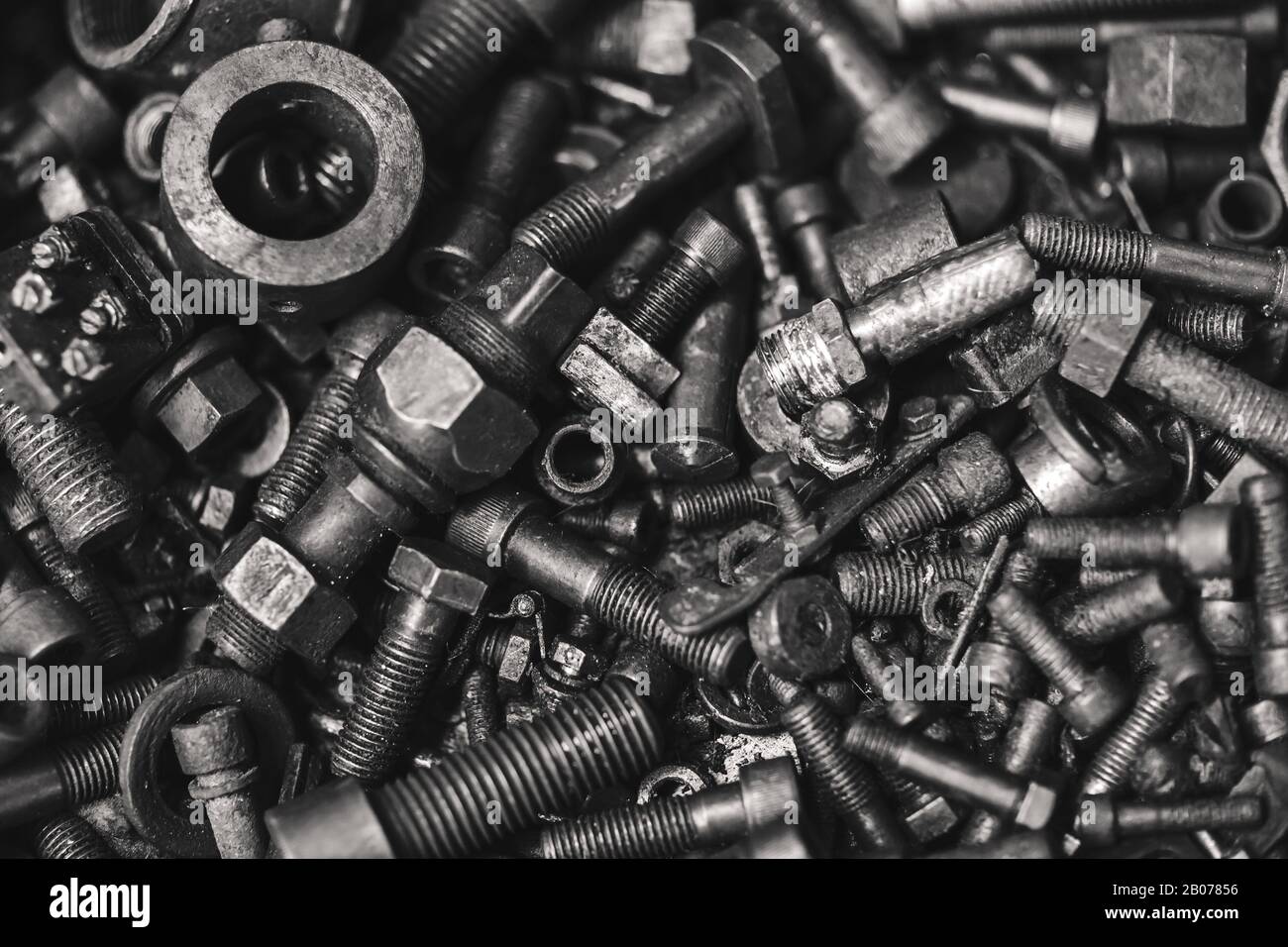 nut and bolt black and white texture pattern for industrial arts background. Stock Photo