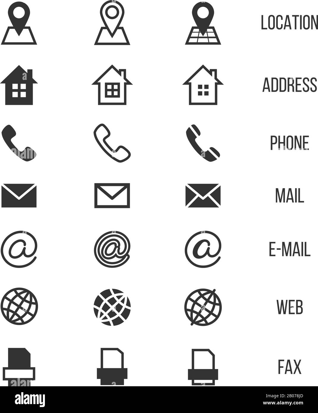 Business card vector icons, home and phone, address and telephone, fax and web, location symbols. Contact of telephone for communication illustration Stock Vector