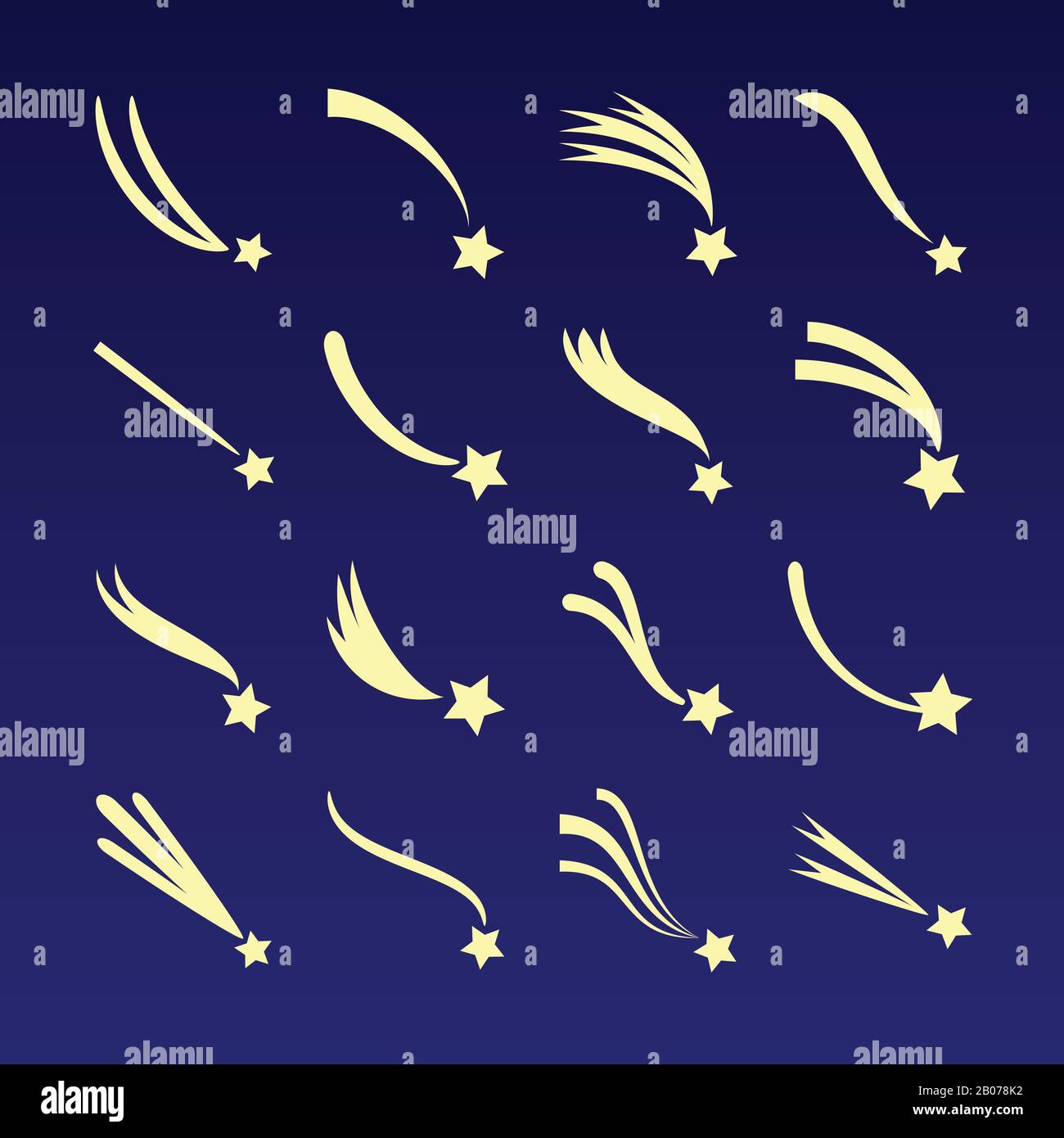 Shooting star, comet silhouettes vector icons isolated on dark blue background. Meteor falling illustration Stock Vector