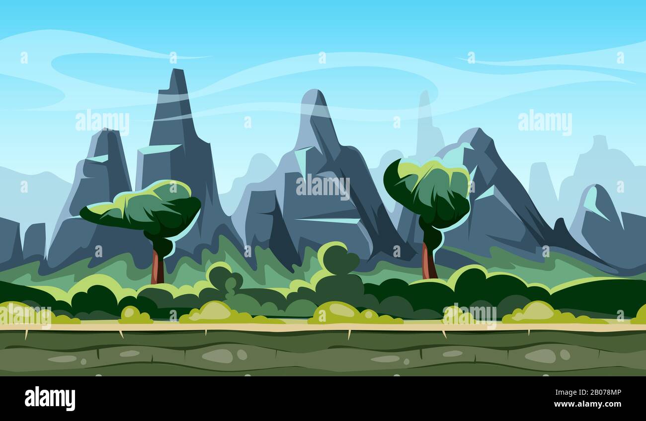Cartoon nature landscape with trees, mountains, blue sky and clouds.  Seamless vector background for smartphone app and computer games. Vector  illustration Stock Vector Image & Art - Alamy