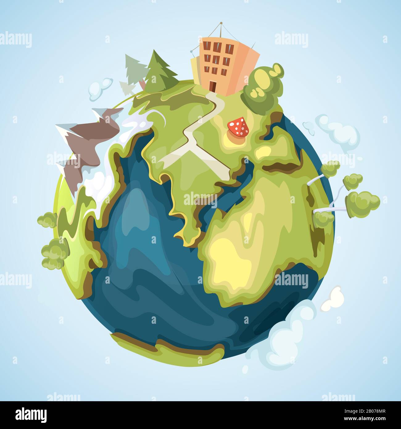 Earth planet with buildings, trees, mountains and nature elements vector illustration cartoon style. Green life planet, globe of world illustration Stock Vector Image & Art Alamy