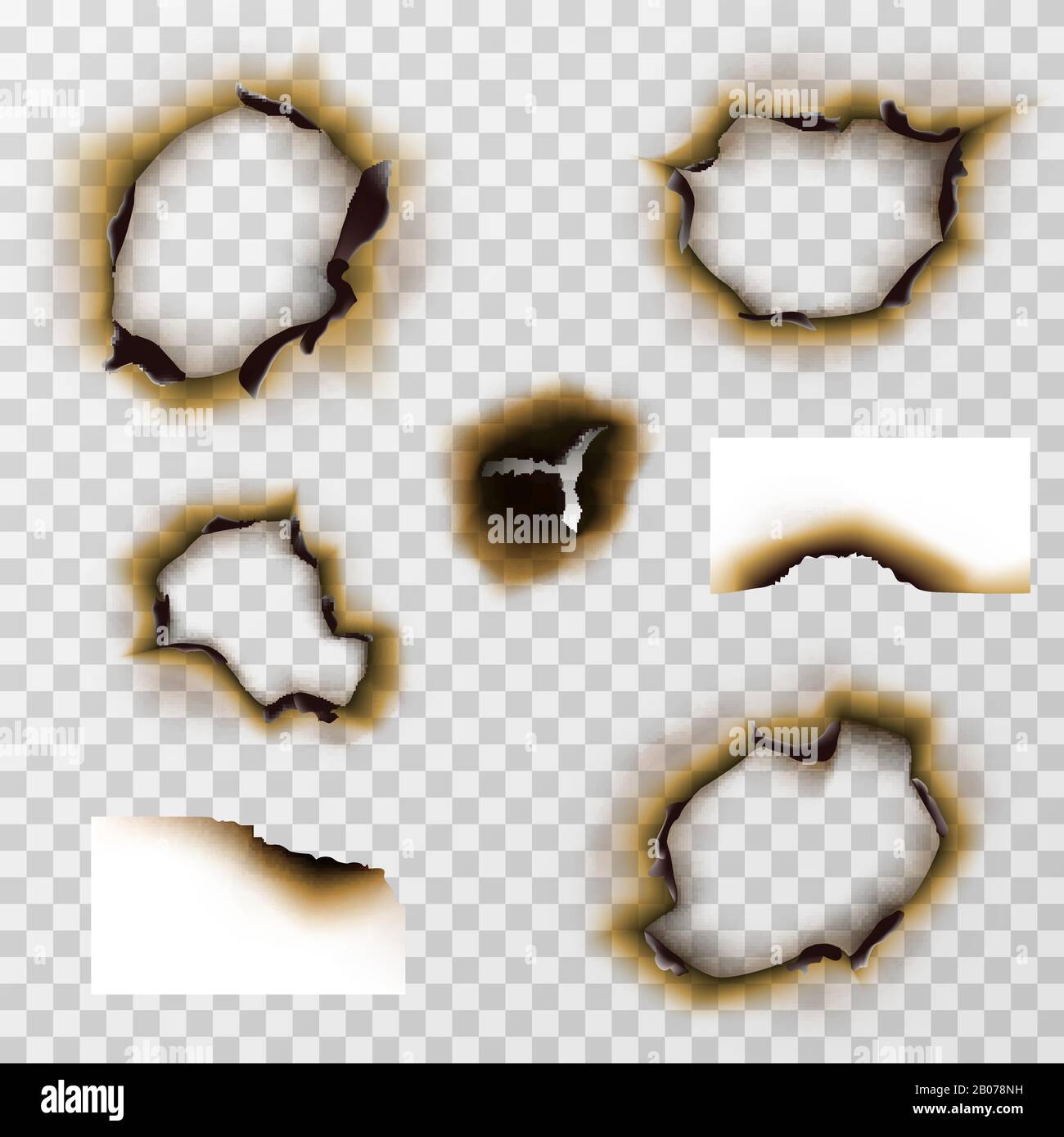 Burnt hole in paper or pergament, scorched paper vector set. Damage edge and destroyed sheet illustration Stock Vector