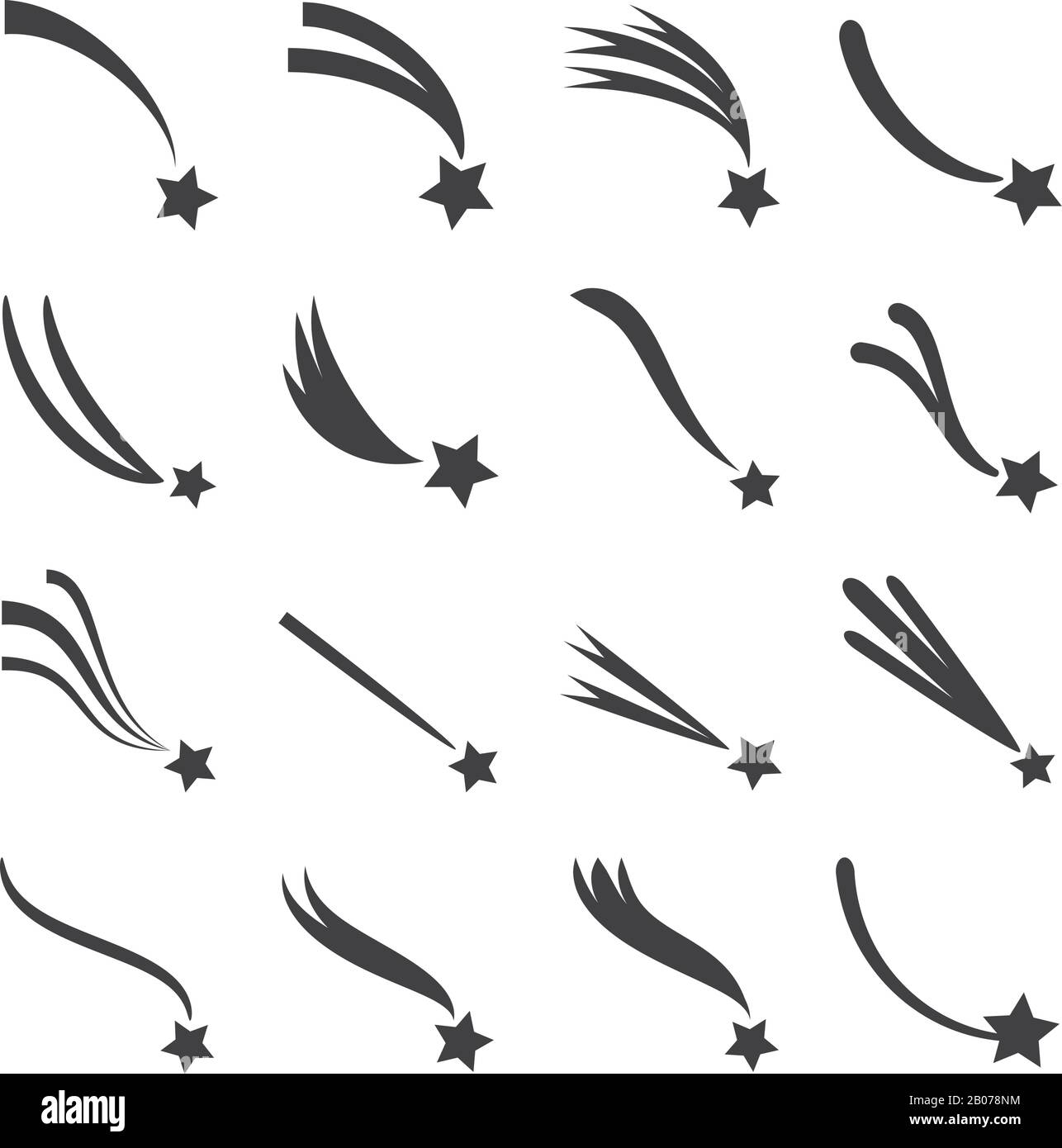 Falling, shooting stars, meteorites and comets with tails vector icons set. Comet with tail fall illustration Stock Vector