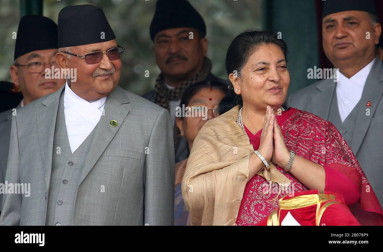 (200219) -- KATHMANDU, Feb. 19, 2020 (Xinhua) -- Nepali President Bidhya Devi Bhandari (R) and Prime Minister KP Sharma Oli (L) attend the National Democracy Day celebration in Kathmandu, Nepal, on Feb. 19, 2020. Nepal's 70th National Democracy Day was observed on Wednesday with various programs to commemorate the day when the nation achieved freedom from the Rana regime. (Photo by Sunil Sharma/Xinhua) Stock Photo