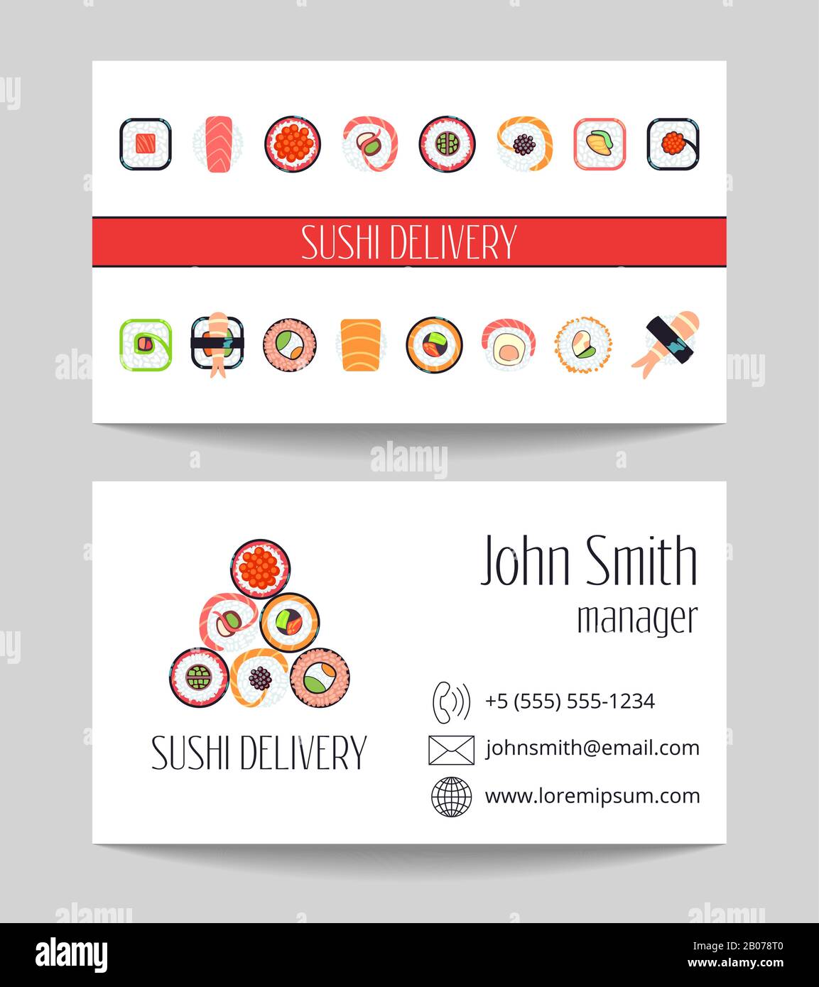 Sushi delivery business card both sides vector template. Design of asian food illustration Stock Vector