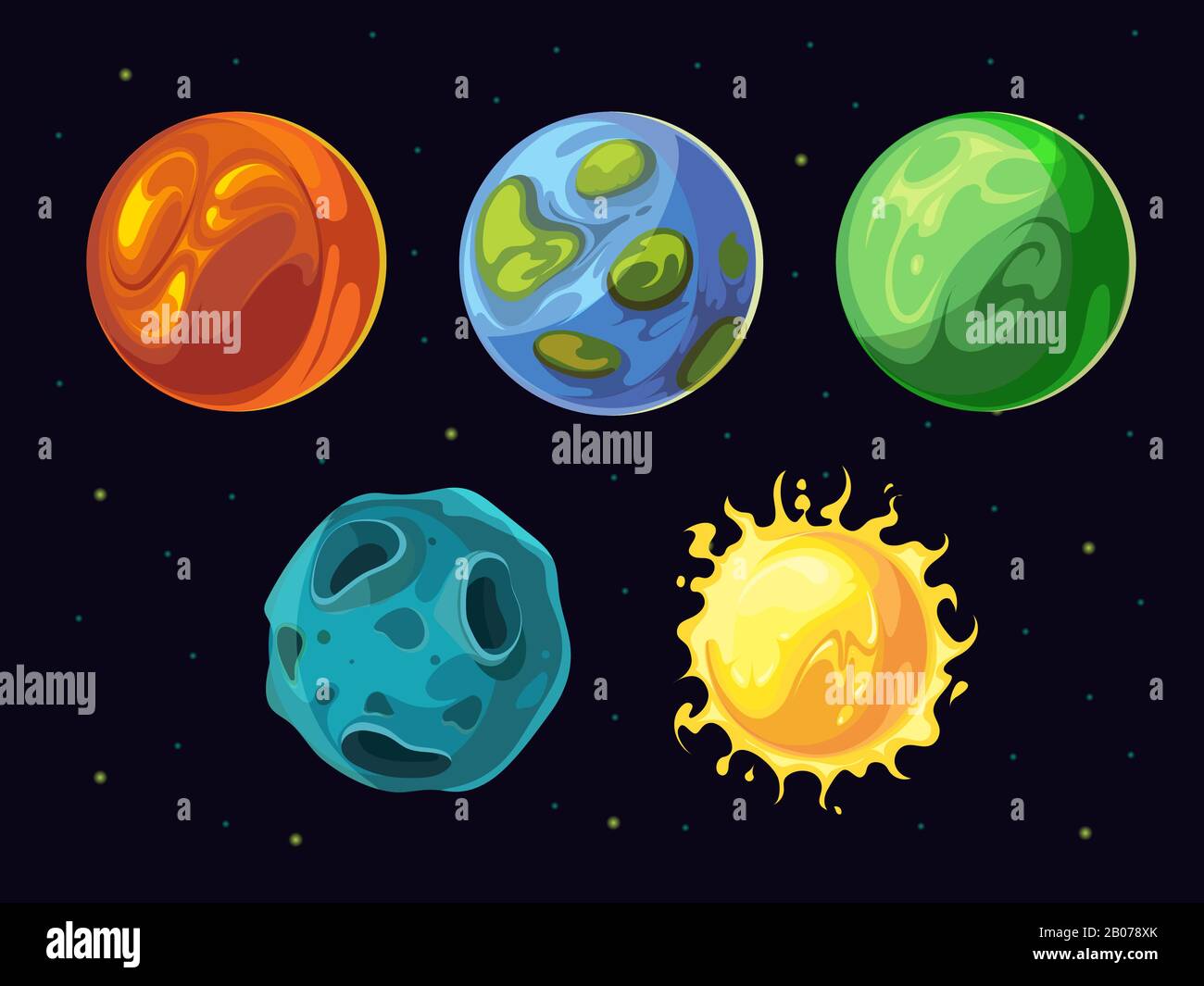 Comic planets and stars vector set for space computer game user interface. Gui universe and galaxy with cartoon planets world illustration Stock Vector