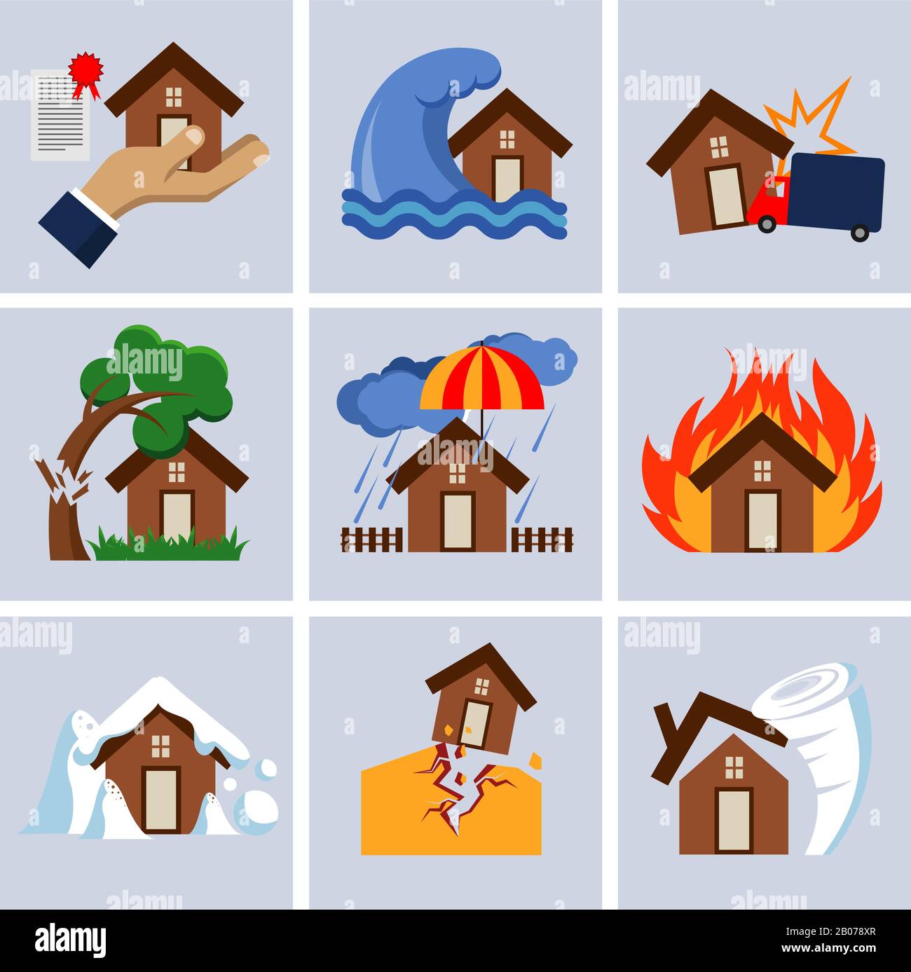 Natural disaster insurance, house insurance business service vector icons. Flood and fallen tree on roof illustration Stock Vector