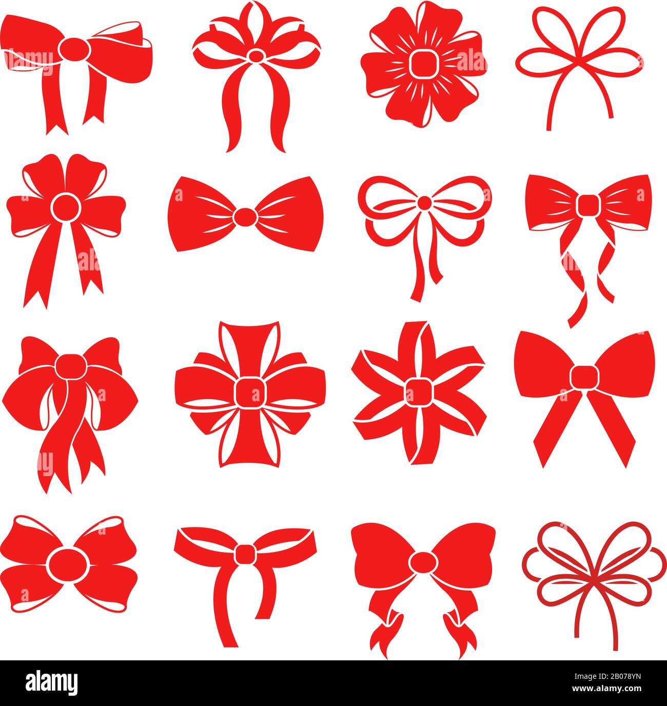 Red gift bow for celebration christmas and present to birthday. Illustration of vector silhouettes for decoration Stock Vector