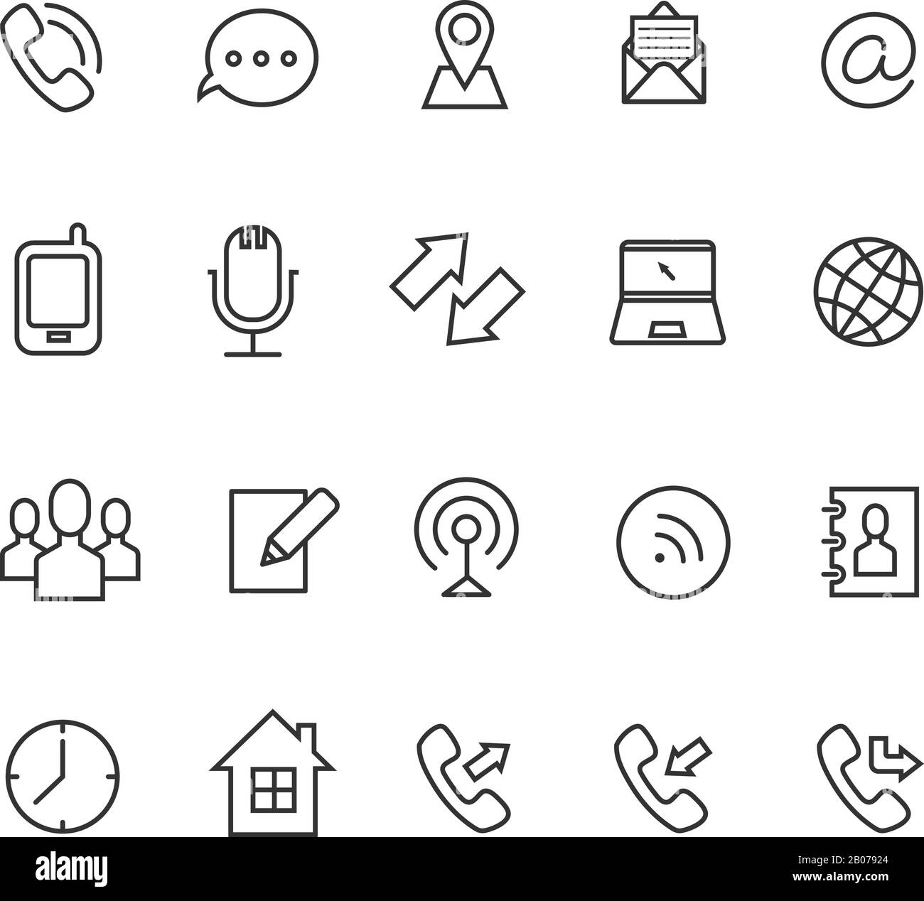 Communication line vector icons for business card. Email and chatting, contact and clock illustration Stock Vector
