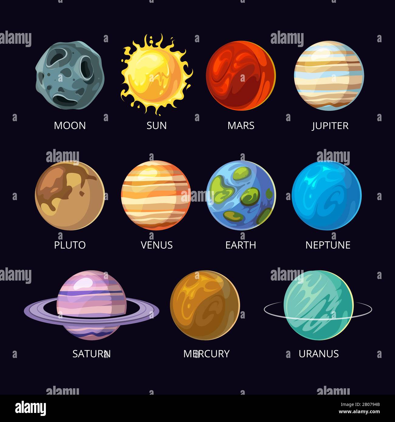 Planets of solar system vector cartoon set on dark sky space background.  Mars and pluto, neptune and venus, uranus and saturn illustration Stock  Vector Image & Art - Alamy