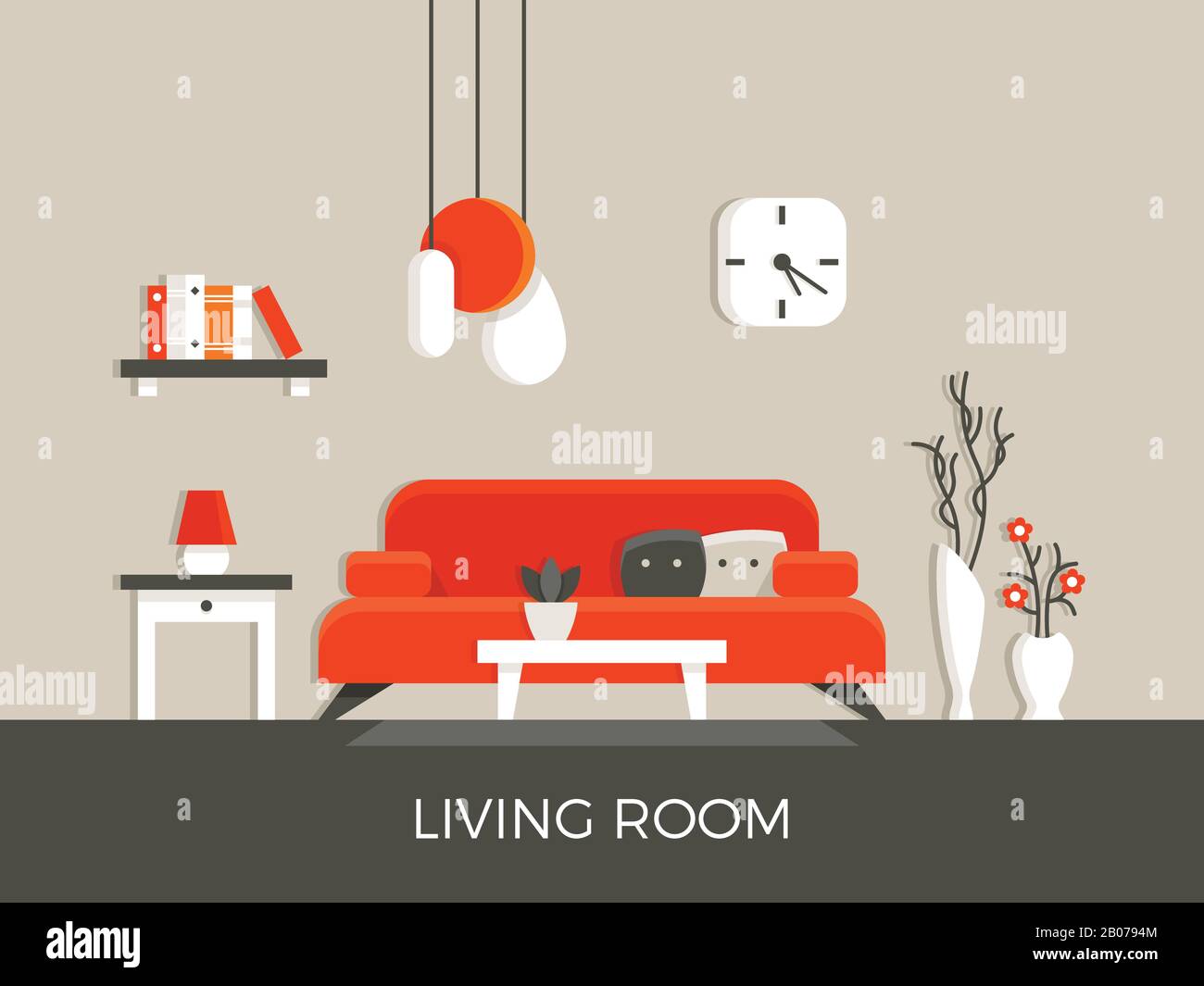 Modern home living room interior with furniture vector illustration. Lamp and sofa in apartment house Stock Vector