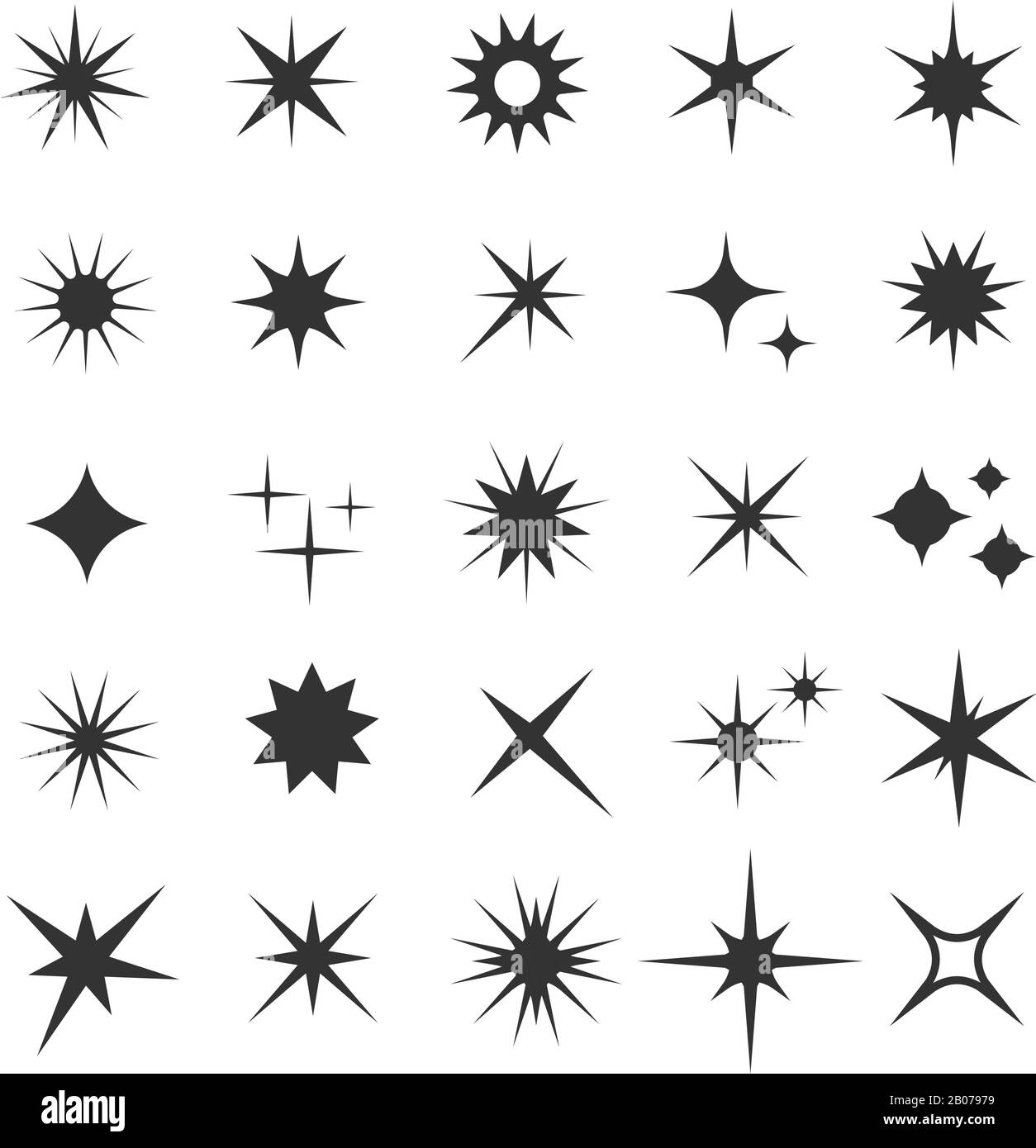 Shining sparkling stars black vector symbols. Monocchrome flash effect illustration Stock Vector