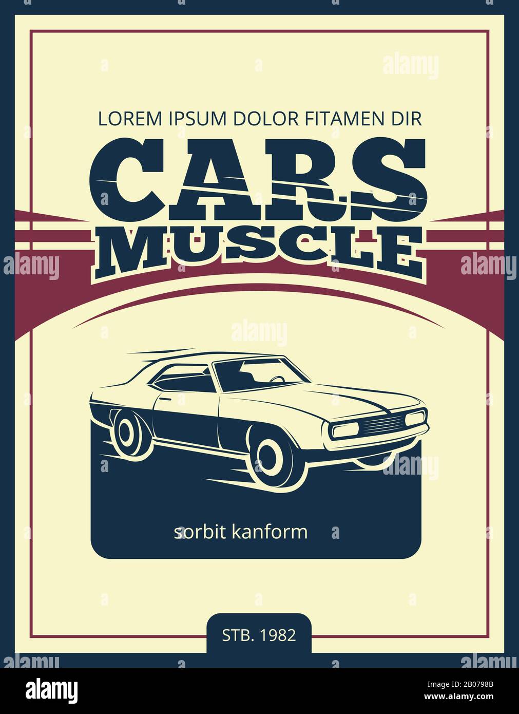 Vector vintage poster with retro car 70s. Muscle car banner illustration Stock Vector