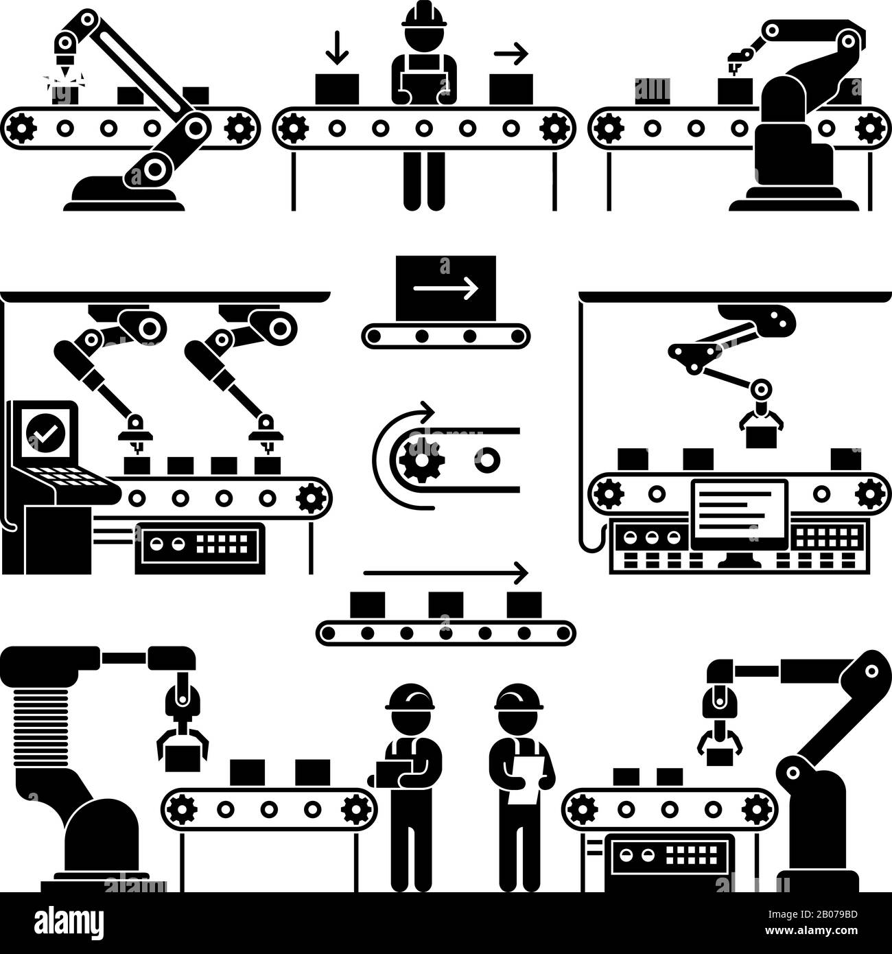 Conveyor production manufacturing line and workers vector icons. Black silhouette process automation on factory illustration Stock Vector